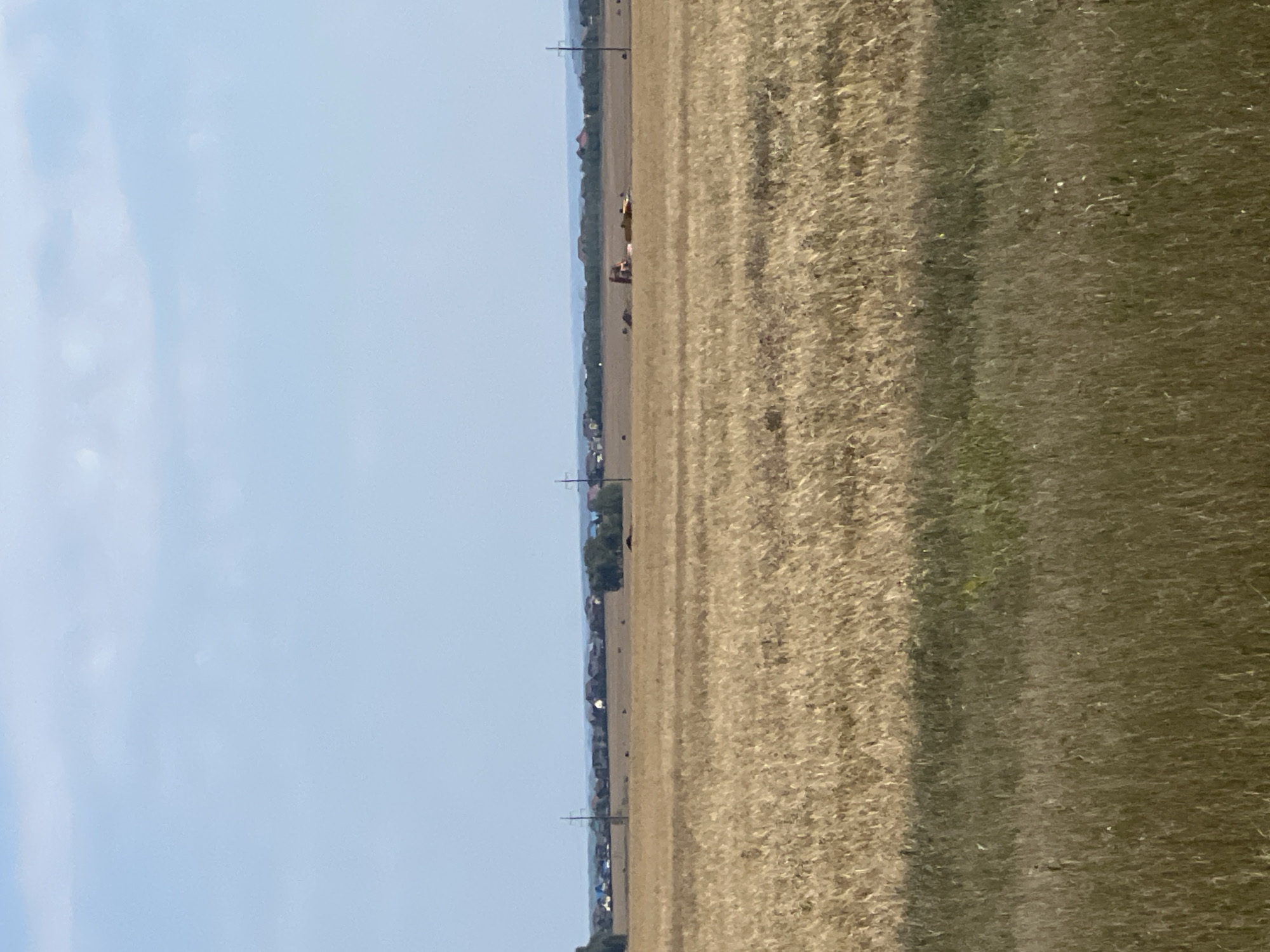 The image depicts a rural landscape under a partly cloudy sky. The foreground is dominated by a field of dry, golden grass, likely harvested wheat or barley. This gives way to a larger field of similar dry vegetation in the mid-ground, stretching towards a distant treeline. In the far distance, a cluster of houses, characteristic of a village or settlement, is visible. Two utility poles with power lines stand out in the mid-ground. Near the center of the mid-ground, a piece of agricultural machinery, possibly a tractor or combine harvester, can be observed, along with some scattered hay bales. The overall scene suggests a farming area, likely in the vicinity of Novopichugovo, Russia, during a dry season.