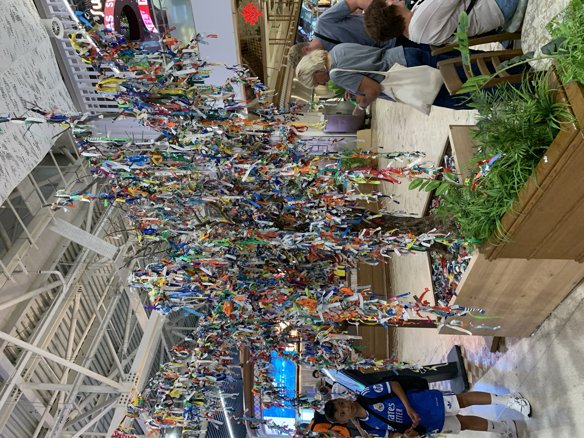 The image depicts a large art installation resembling a tree adorned with numerous colorful ribbons. The installation is situated indoors, likely in a public space such as an airport or mall, as evidenced by the high ceiling with exposed industrial beams and ductwork, a tiled floor, and the presence of shoppers.
In the foreground, a young boy wearing a blue Real Madrid jersey and white shorts stands to the left. To the right, two women are visible, one with blonde hair and the other with brown hair. The blonde woman is holding a green object, possibly a ribbon or a small item, and appears to be interacting with it. The woman with brown hair is seated and facing away from the camera.
The tree installation is planted in a large wooden planter filled with numerous ribbons at its base, and more ribbons are tied to its branches, creating a vibrant and textured display. Green foliage is present around the base of the planter. In the background, there are glimpses of shops or food establishments with signage and illuminated displays. The overall environment suggests a busy commercial or transportation hub.
The location specified is Aksu, Turkey. While the image itself does not contain any direct visual cues to confirm this specific location, if we assume the context is Aksu, Turkey, this installation could be a feature within a shopping center, airport, or other public venue in the city.