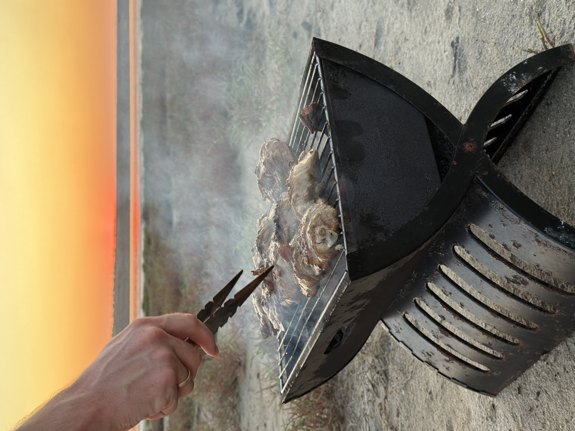 An outdoor scene at dusk shows a person's hand using tongs to turn chicken pieces on a grill. The grill is black and rests on a sandy surface with sparse vegetation. In the background, a body of water, possibly the sea, is visible under a vibrant orange and yellow sky. Smoke rises from the grill, obscuring some of the food. The scene evokes a sense of casual outdoor dining or a barbecue event.