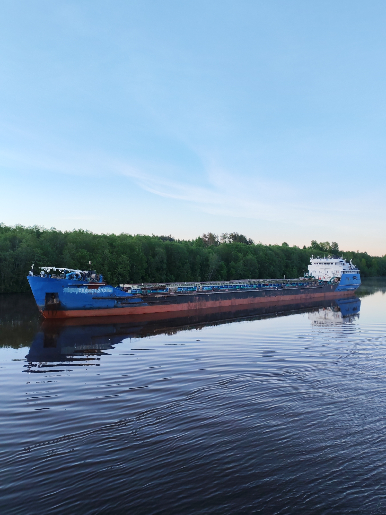 The image captures a large cargo ship, likely a river barge, navigating a calm river at Volokov Most, Russia. The vessel, oriented left to right, features a prominent dark blue hull with a reddish-brown section below the waterline. A white superstructure is visible at the stern. On the bow, the name "СЕВАСТОПОЛЬ" (SEVASTOPOL) is clearly inscribed in white Cyrillic letters.
The river's surface, a deep blue-grey, displays gentle ripples and reflects the ship and the sky. A dense, verdant line of trees forms the backdrop along the far bank, indicating a lush, forested environment. The sky above is a soft, clear light blue with a slight gradient, suggesting either early morning or late afternoon, contributing to the tranquil atmosphere. The weather appears serene and calm as the ship glides through the peaceful waterway.