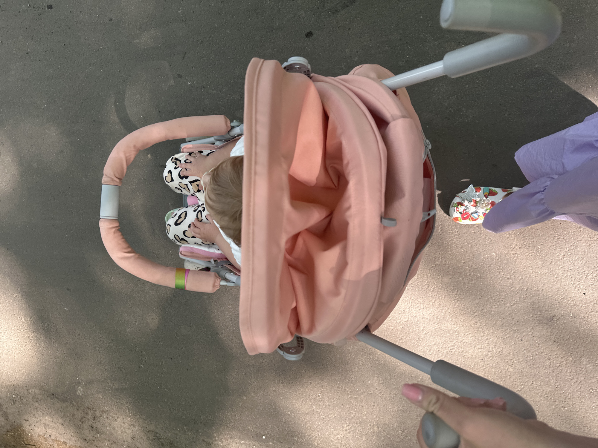 A high-angle shot shows a pink stroller on asphalt pavement. The stroller contains a child, visible by the top of their head and patterned clothing. A person, partially visible, is pushing the stroller. The person is wearing a light purple dress and cartoon patterned sandals. The location is indeterminate.
