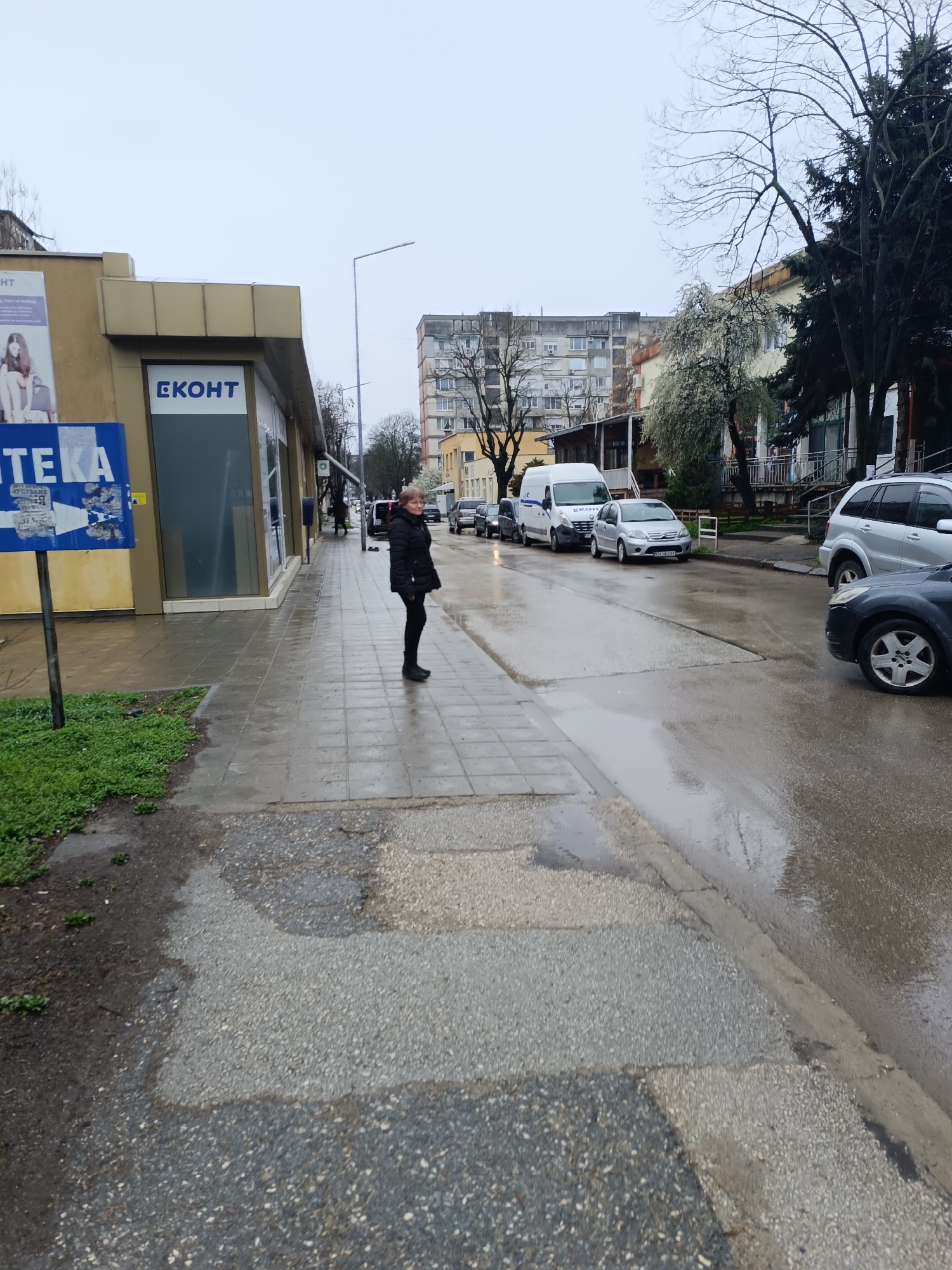 The image shows a street scene in Pleven, Bulgaria, on a wet day. A woman in a black jacket and pants stands on the sidewalk. Beside her is a yellow building with "EKONT" and "TEKA" signs, suggesting a local business. Across the street are parked cars and residential buildings. Bare trees and a blooming tree are visible, indicating early spring. The road is wet, reflecting the overcast sky.