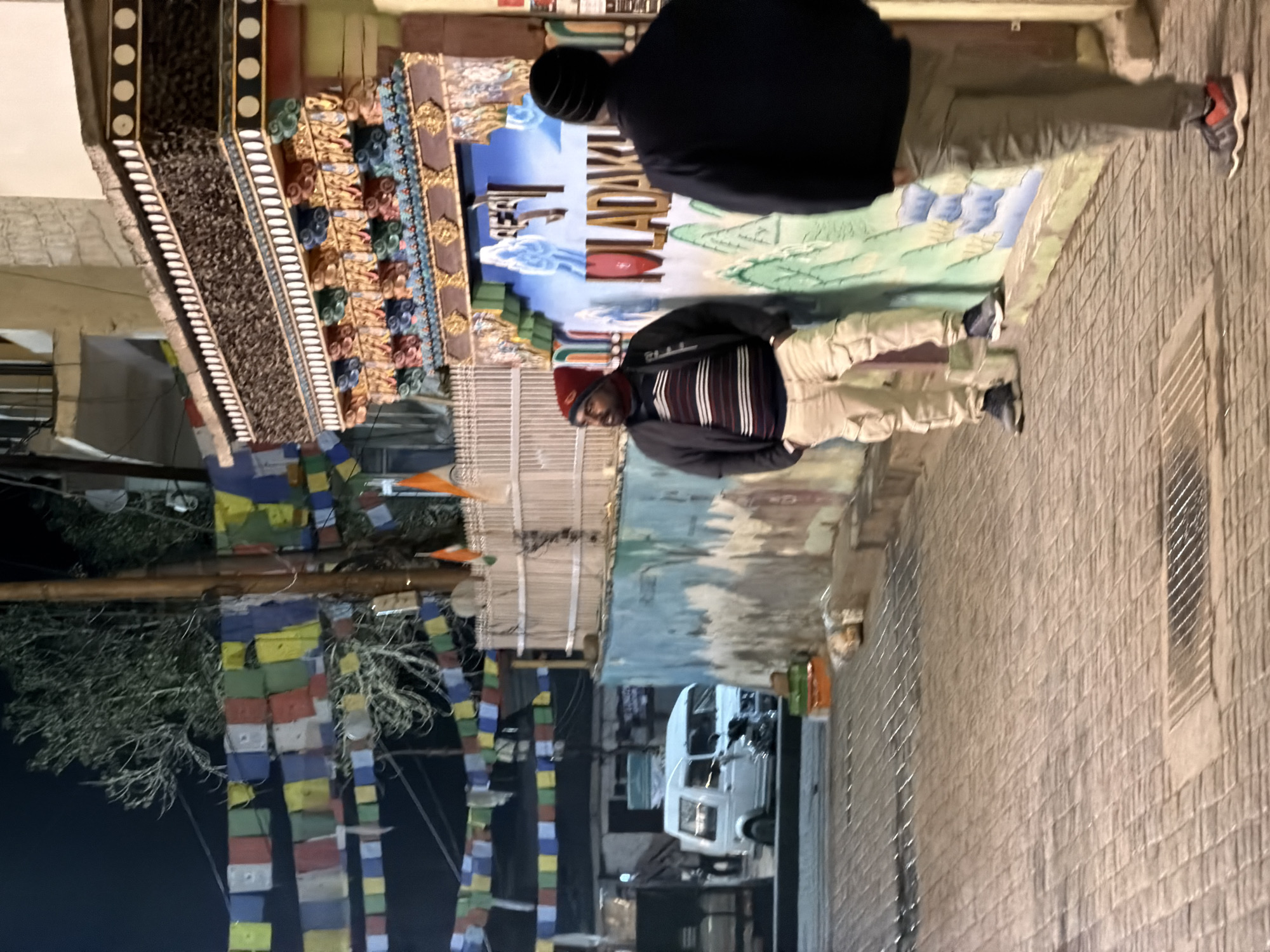 The image depicts a nighttime scene in Leh, India, likely near a cultural or religious site. In the foreground, two men are standing on a paved pathway. The man on the left wears a red beanie, a striped sweater, and beige cargo pants. He is looking to his left. The man on the right is partially visible from behind, wearing a black beanie and a dark jacket, with his hands in his pockets.
Behind the men, a wall features a mural with "LEH LADAKH" written in large letters. The mural depicts mountains and abstract blue shapes. Above the mural, decorative architectural elements with intricate carvings and colorful accents are visible. Prayer flags, commonly seen in Buddhist regions, are strung across the scene in the background, along with trees and a utility pole.
Further in the background, a white van is parked on a street, and other buildings and structures are dimly lit. The overall atmosphere suggests a moderately busy street in Leh at night, with elements of local culture and decoration prominent.
