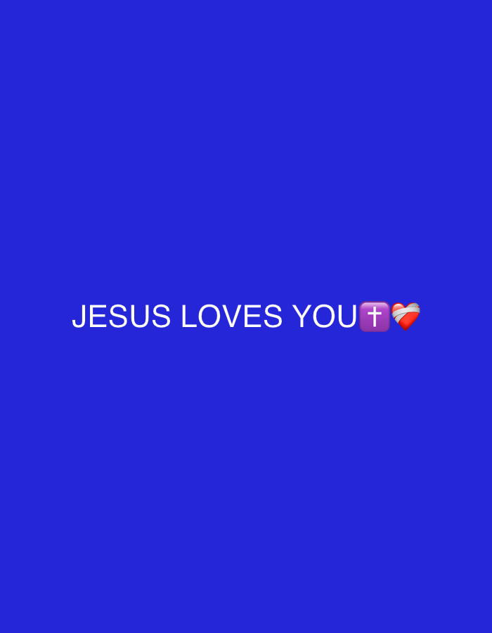 The image displays white text "JESUS LOVES YOU" centered horizontally on a solid, vibrant royal blue background. Following the text are two emojis: a purple Latin cross (✝️) and a red heart (❤️) with a white bandage wrapped around it, commonly known as the "mending heart" emoji. The overall scene is minimalist, focusing entirely on conveying this message of faith and love through the text and symbols. There are no people, objects, or discernible real-world setting, time of day, or weather depicted. The emotions evoked are primarily positive, related to love, care, healing, and religious sentiment.