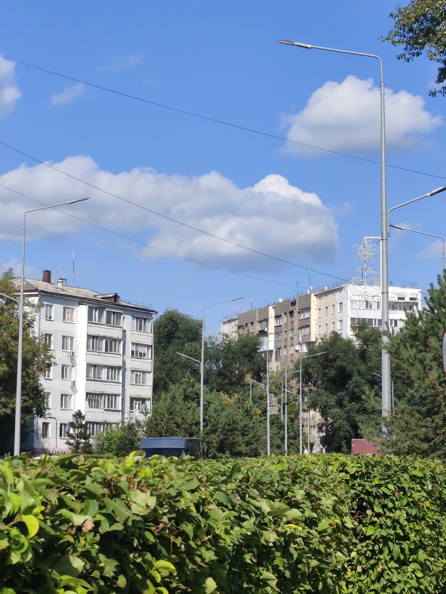 The image depicts a street scene in Petropavl, Kazakhstan. In the foreground, a dense green hedge occupies the bottom third of the frame. Behind the hedge, a grey apartment building with multiple windows is visible on the left. Further to the right, another apartment building with a mix of grey and beige facades stands, adorned with an ornate white decorative element on its roof. Several streetlights with modern fixtures are positioned throughout the scene. Dense green trees are interspersed between the buildings and extend into the background. The sky above is a clear blue, dotted with fluffy white clouds. The overall environment suggests a daytime scene in an urban setting, with typical residential architecture and infrastructure.