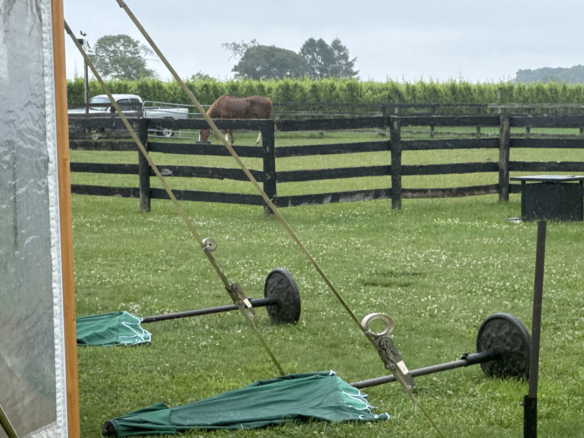 The image depicts an outdoor scene in a grassy field, likely a farm or equestrian facility, as evidenced by a brown horse grazing in the background. A dark wooden fence runs horizontally across the middle ground, separating the field from a line of green foliage. In the foreground, two green covers lie on the grass, possibly protecting equipment. Two metal bars extend from left to right, each attached to a black circular weight, suggesting some sort of exercise or training apparatus. Two diagonal lines, appearing to be ropes or straps, stretch across the scene from top to bottom, originating from the upper left. A portion of a light-colored structure with a wooden frame is visible on the far left edge of the image. In the background, a silver pickup truck is parked near a white trailer, partially obscured by the fence and foliage. The sky is overcast, indicating possibly rainy or cloudy weather. The scene is set in Town of Riverhead, United States of America.