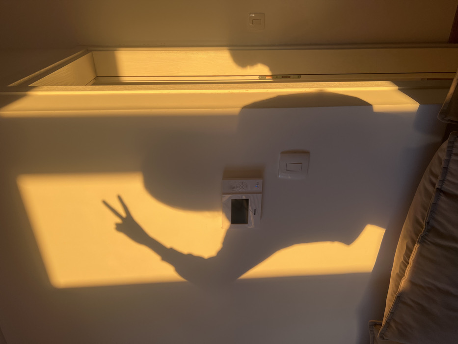 The scene depicts an interior wall within a residence located in Bar, Montenegro. Strong, warm, golden light, characteristic of late afternoon sun, illuminates the wall from an unseen window to the left. A prominent, dark human silhouette is cast upon the light-colored wall. The shadow's left arm is raised, with two fingers extended upwards to form a 'peace' sign. Centered vertically on the wall, beneath the torso section of the shadow, is a white electronic intercom unit featuring a small dark screen and multiple white control buttons. Directly below this and slightly to the left, a white rocker-style light switch is present. A vertical white doorframe marks the right boundary of the wall, with the area within the doorway also bathed in the golden light. The upper edge of a beige fabric sofa cushion is visible across the lower left portion of the frame.