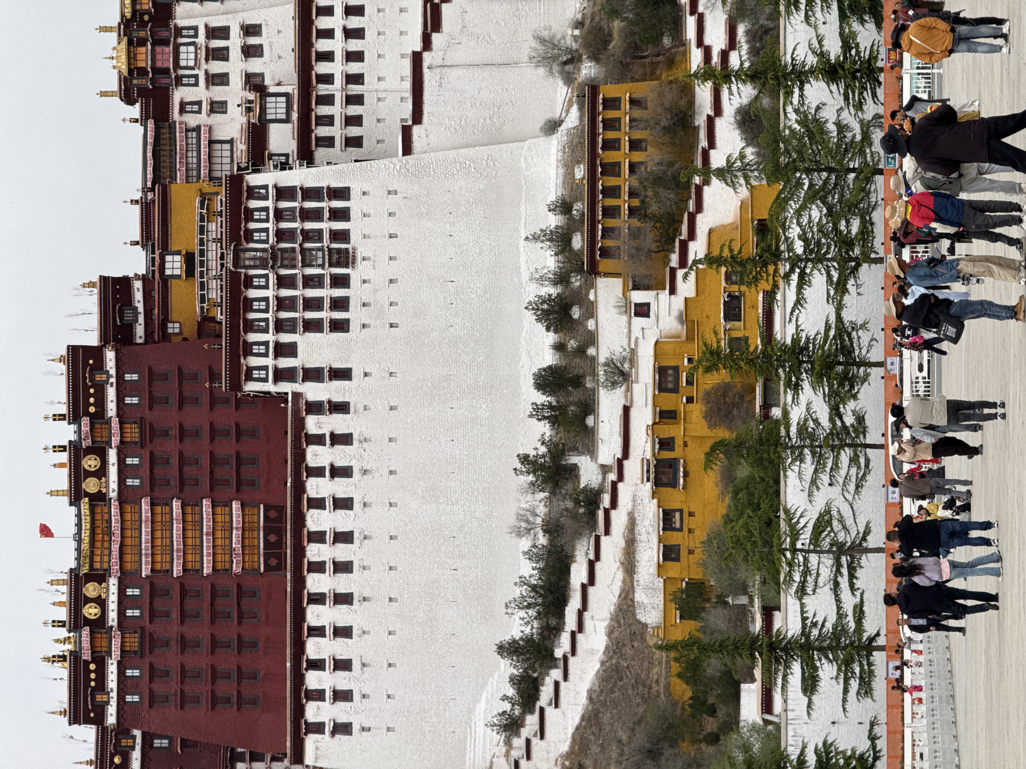 The image shows the Potala Palace in Chengguan District, Lhasa, Tibet Autonomous Region, China, with a group of people on the right-hand side. The palace is a multi-storied structure with red, white, and yellow sections. The red section is on the left, with many windows and some golden decorative elements. The white section is in the middle, also with windows. The yellow section is on the right, again with windows and trees growing near it. The ground appears to be a paved area where a line of people is walking or standing, looking at the palace. A low wall separates the paved area from the trees and the palace grounds. The sky is overcast.