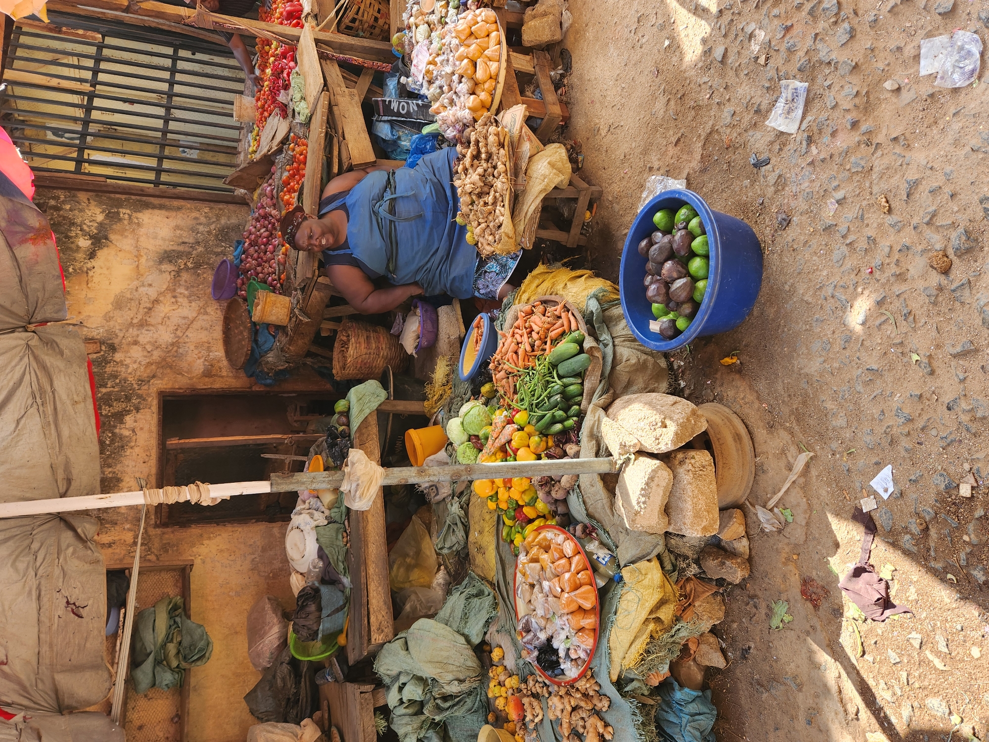 A woman lies on a makeshift bed among piles of produce for sale at a roadside market in Jos, Nigeria. The woman, wearing a blue dress, is positioned near tomatoes, onions, and ginger. A blue bucket contains avocados. Other fruits and vegetables such as carrots, cucumbers, bell peppers, cabbages, and various other items are also present. The market stall is sheltered by a wooden and metal structure. The ground is dirt and scattered with debris.