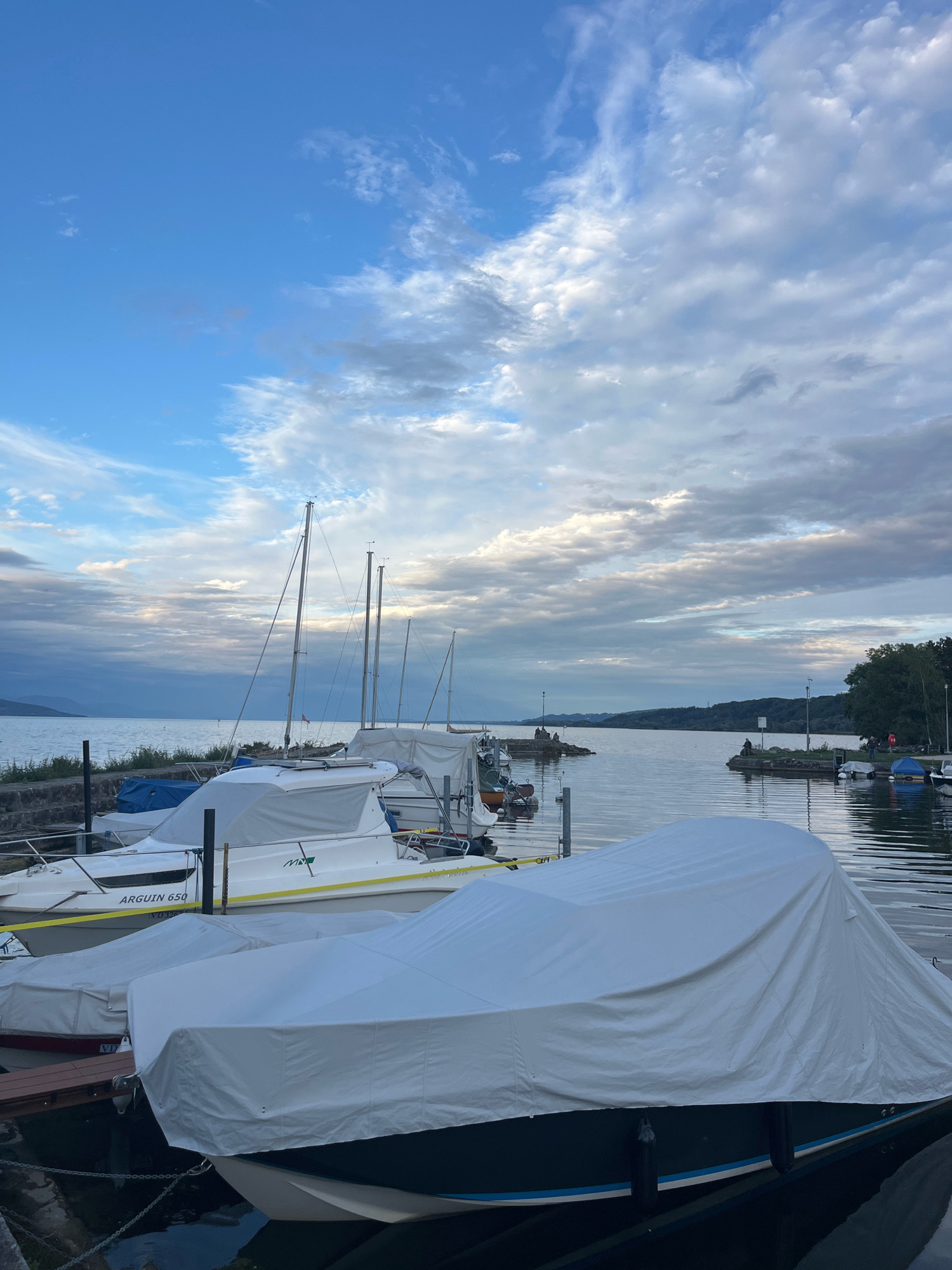 The image depicts a tranquil scene at a marina in Yverdon-les-Bains, Switzerland, on a cloudy day. The foreground is dominated by several boats docked and covered with white tarpaulins, reflecting in the calm water. One boat in the foreground has a dark blue hull with a thin blue stripe. In the mid-ground, a white boat with the name "ARGUIN 650" is visible, along with several sailboats with tall masts. The background shows a serene lake stretching towards a distant, hazy shoreline with a treeline and hills. The sky is a mix of blue and grey clouds, with sunlight breaking through in some areas. Two individuals are seated on a rocky outcrop on the far side of the marina, and a few other figures are scattered along the shoreline. The overall atmosphere is peaceful and quiet, characteristic of a harbor setting.
