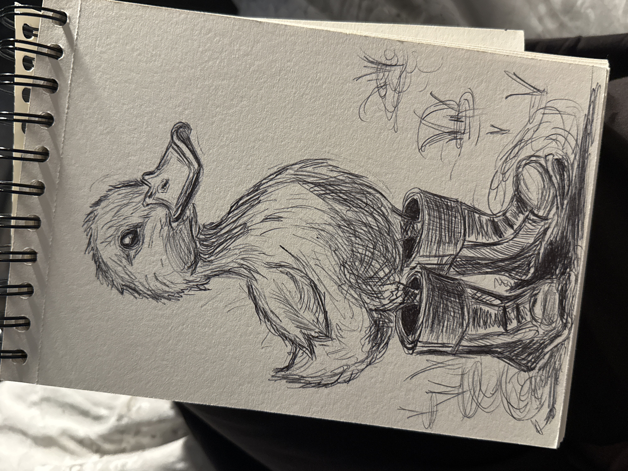 A pen sketch on a page of a spiral-bound sketchbook depicts a duck with its feet seemingly inside two interconnected pipes. The sketch uses dense hatching to create texture and shading. The duck's head is turned slightly to the left, with a detailed eye. Additional abstract sketches are present around the main image. The sketchbook is on a dark surface. There is no information to suggest the location in Sofia, Bulgaria.