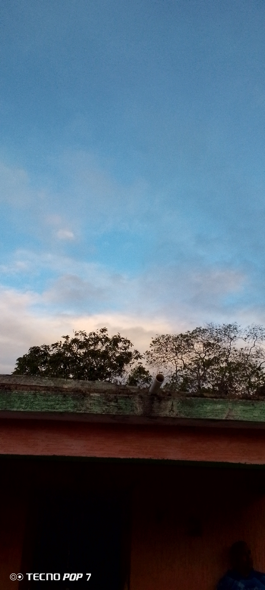 The image captures an outdoor scene with a vast expanse of sky above and a rooftop in the foreground. The sky is a gradient of blue, transitioning from a lighter hue at the horizon to a deeper blue at the top, with scattered clouds, some appearing white and wispy, others darker and more defined. Below the sky, silhouetted against it, are the tops of several trees. On the left, a cluster of trees displays dense foliage. To the right, another tree is more sparse, with visible branches. A thin, light-colored pipe protrudes horizontally from the rooftop towards the right side of the frame. The rooftop itself appears weathered, with patches of green and moss visible on its surface. In the lower portion of the image, a dark brown wooden structure is visible, suggesting a building or overhang. At the very bottom left corner, the text "TECNO POP 7" is displayed in white, indicating the device used to capture the photograph. The scene appears to be set in Altagracia, Venezuela, during daylight hours, likely early morning or late afternoon given the sky's color.