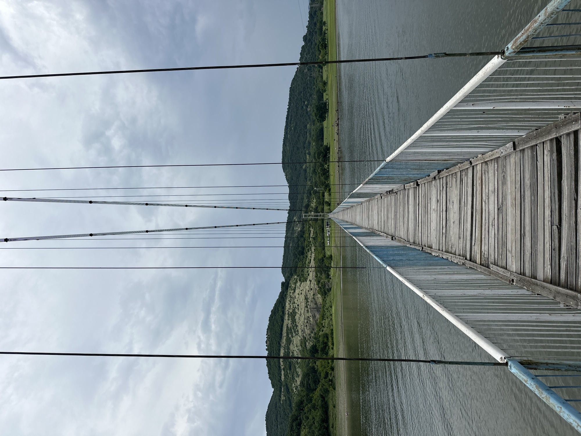 This image captures a long, narrow wooden plank suspension bridge extending straight into the distance over a wide body of water in Lisitsite, Bulgaria. The perspective is from the center of the bridge, looking directly along its length, creating a strong vanishing point at the far end.
The bridge deck is constructed from weathered, light-colored wooden planks, showing variations in tone and texture from age and use. Metal railings line both sides of the bridge, composed of vertical bars painted in alternating sections of faded white and blue, with visible rust and peeling paint. Thin, dark vertical suspension cables rise from the railings on both sides, connecting to the main support cables that ascend towards the top center of the frame against the sky.
The body of water below the bridge is dark and appears calm, with gentle ripples visible on its surface, reflecting the muted light from the overcast sky. On the left bank, in the mid-ground, a small light-colored boat (possibly a kayak or dinghy) with a single occupant is discernible close to the shoreline. On the right bank, a small herd of cattle stands near the water's edge.
Beyond the water, a natural landscape of undulating hills stretches across the horizon. These hills are predominantly covered in dense green foliage, with some lighter, grassy patches visible, particularly on the left side where a prominent lighter, possibly rocky or barren, area breaks the green expanse. The sky above is overcast, filled with scattered grey clouds, indicating a cloudy or pre-stormy day.