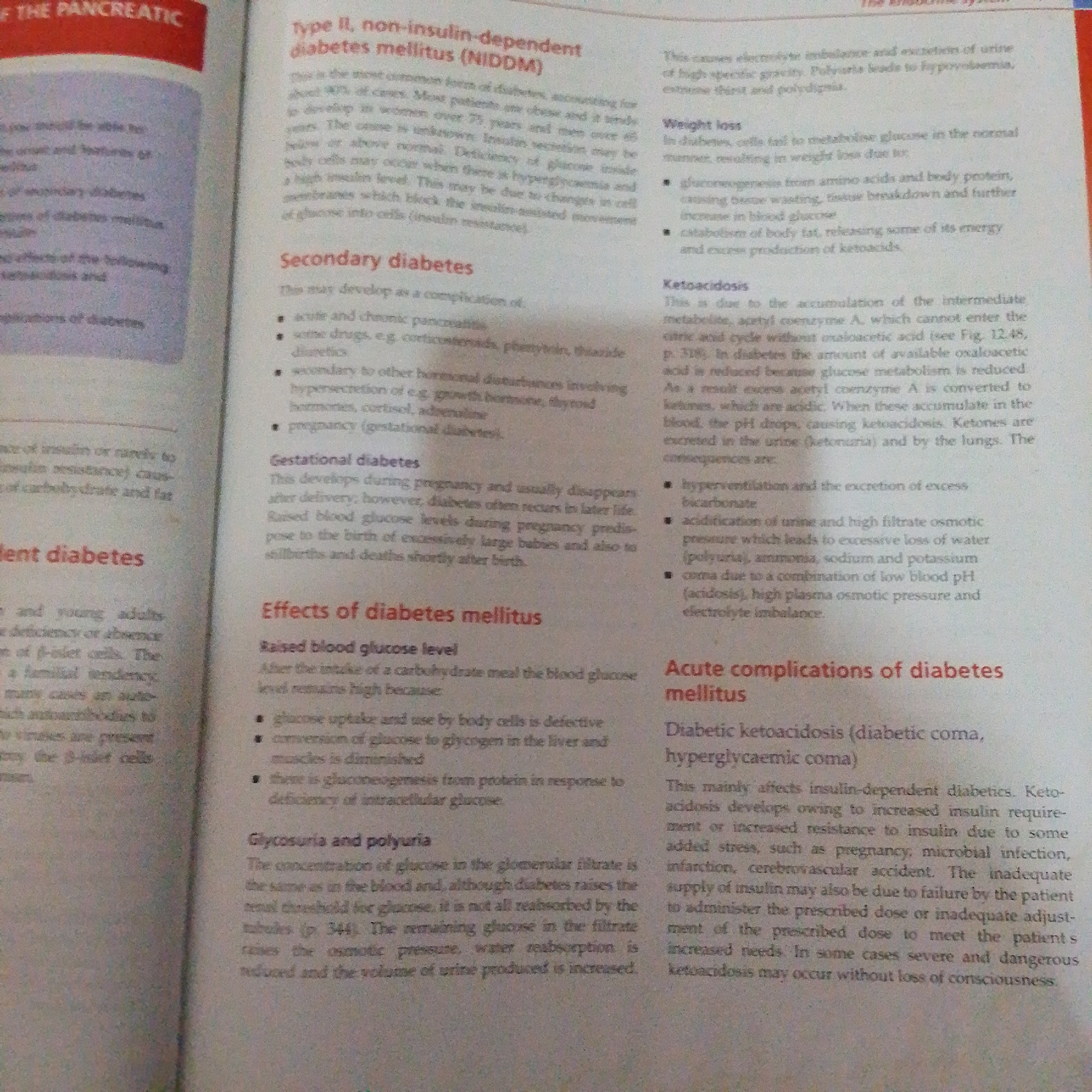 The image displays a page from a medical textbook discussing diabetes mellitus. The text is divided into several sections, including "Type II, non-insulin-dependent diabetes mellitus (NIDDM)", "Secondary diabetes", "Gestational diabetes", "Effects of diabetes mellitus", "Glycosuria and polyuria", and "Acute complications of diabetes mellitus". The page contains bulleted lists and paragraphs explaining various aspects of diabetes, its causes, and its complications. There are no people, objects, actions, interactions, or environmental details present in the image that would relate to a scene in Jalingo, Nigeria. This image is purely textual and illustrative of medical information.