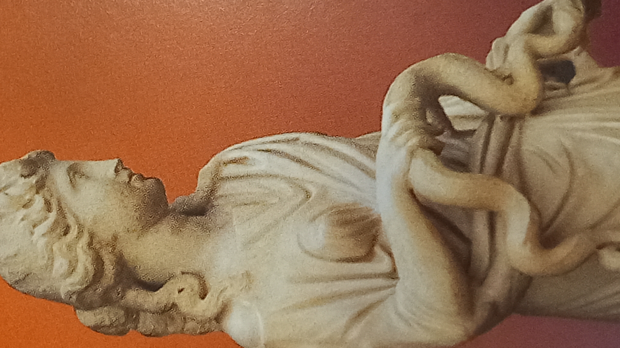 The image displays a marble statue of Hygieia, the Greek goddess of health, hygiene, and sanitation. She is depicted as a woman holding a serpent coiled around her arm and feeding from a bowl. The statue is situated in the Asklepieion of Kos, an ancient sanctuary dedicated to Asclepius, the god of medicine. The background is a solid, textured orange.