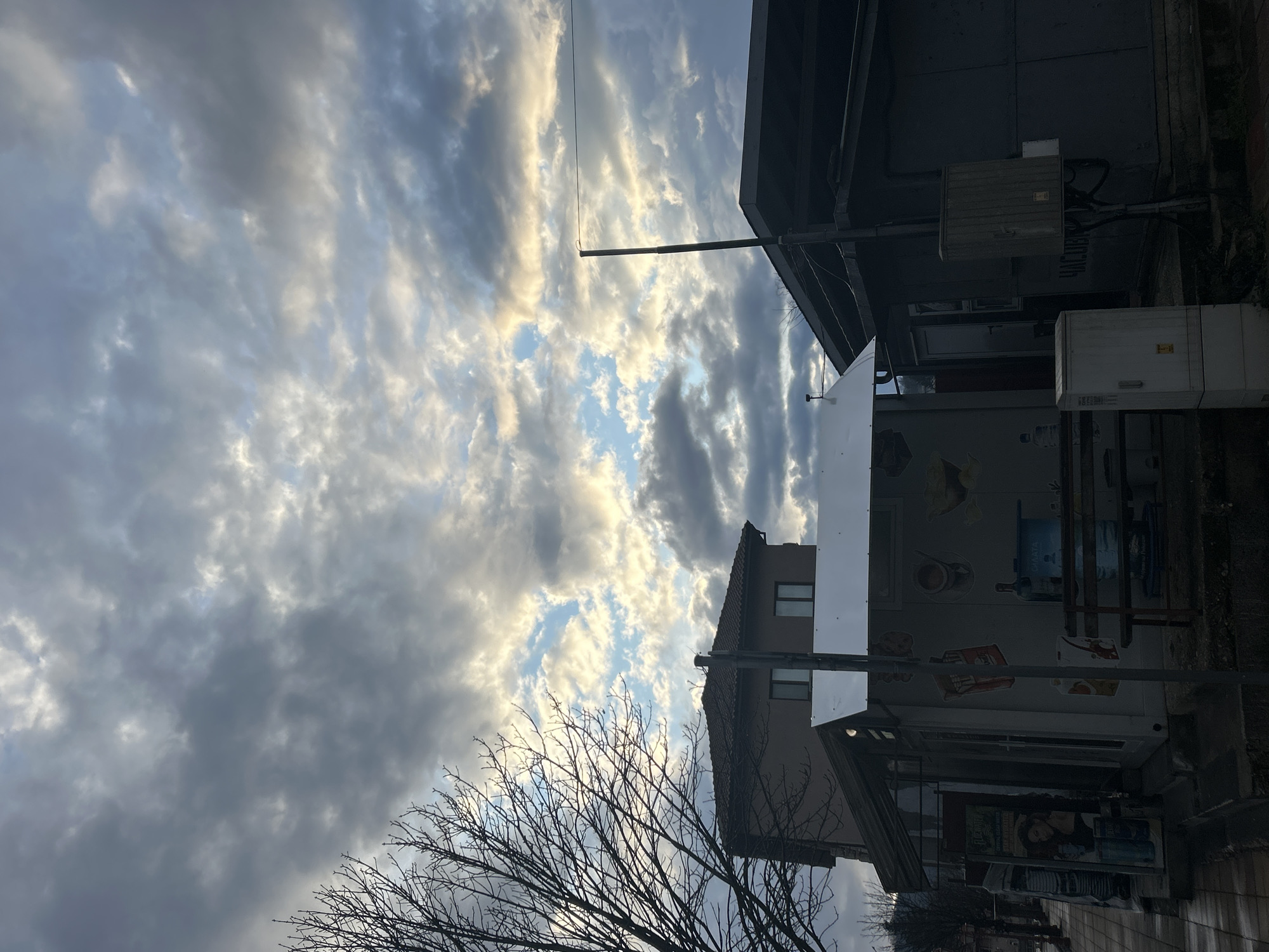 The image shows a street view in Zlatograd, Bulgaria, taken from a low angle looking up. Dominating the frame is a sky filled with clouds of varying shades of gray, with patches of pale blue visible between them. A bare tree occupies the lower left corner, its branches silhouetted against the sky. Buildings are visible on the right side of the frame; they appear to be a mix of residential and commercial structures, with visible signs and details like windows, awnings, and utility boxes. The buildings are also in shadow. Overall, the scene appears urban, capturing a street-level perspective in Zlatograd on a cloudy day.