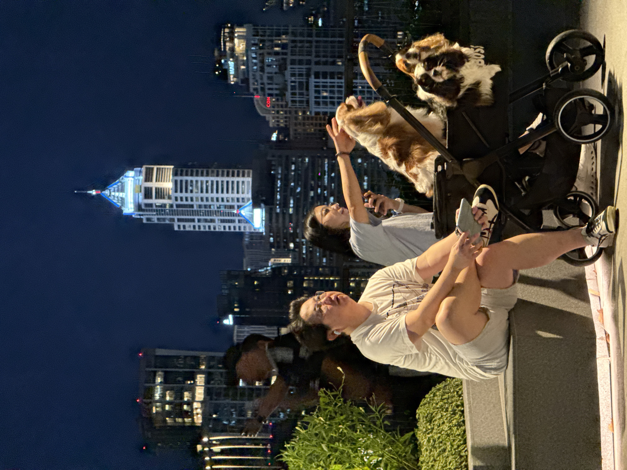 The photo captures a nighttime scene in Bangkok, Thailand. A man and a woman stand by a stroller containing two dogs. The background reveals a city skyline, with illuminated buildings including the King Power MahaNakhon tower.