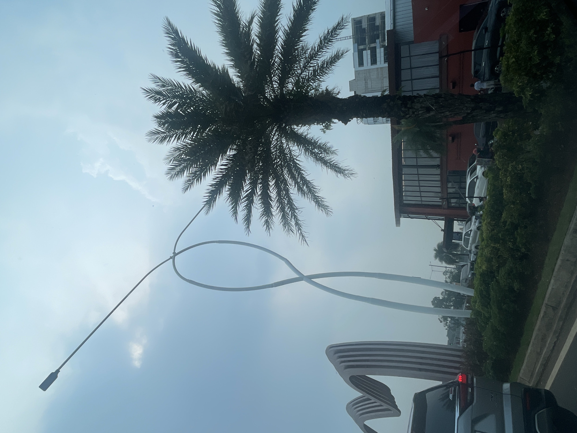 The image depicts an outdoor scene in the city of Medan, Indonesia, likely during daylight hours under an overcast sky. In the foreground, a grey SUV is parked or moving slowly on a road, with its rear visible. To the left, a large, abstract sculpture with vertical striped elements is present. A tall, white, looping sculpture also stands prominently in the frame. A large palm tree with dark green fronds is situated in the mid-ground, obscuring part of a modern building with a red facade and large windows. The building appears to be a commercial establishment. Several other vehicles are visible in the background, along with a multi-story building under construction. A few individuals are sparsely scattered near the building. The overall environment suggests a busy urban area with some architectural points of interest and vegetation.
