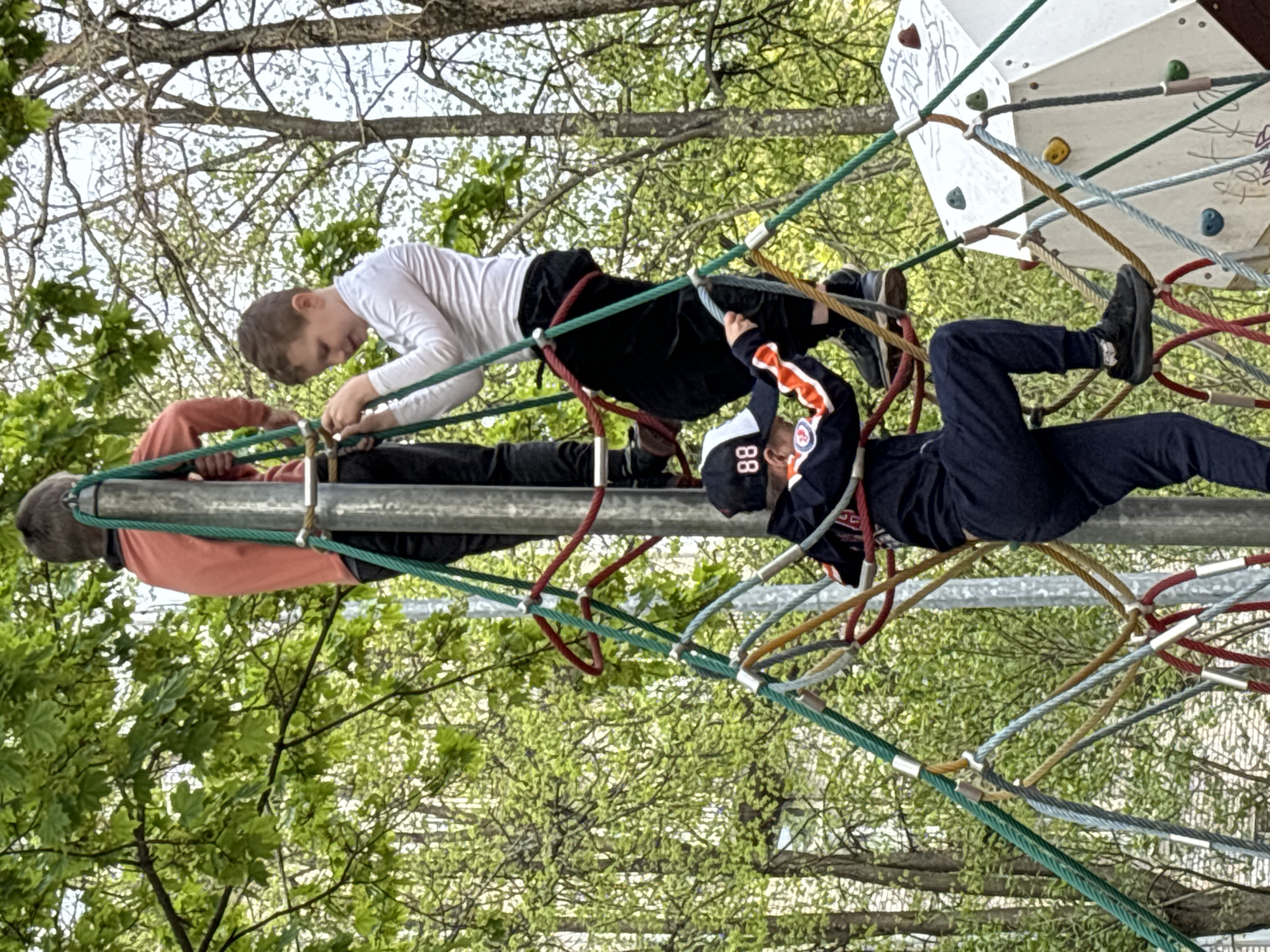 Three children are playing on a rope climbing structure. The structure includes a metal bar at the center and ropes extending to a climbing wall. The surrounding environment is a park or playground setting with trees. The location of the scene is unknown.