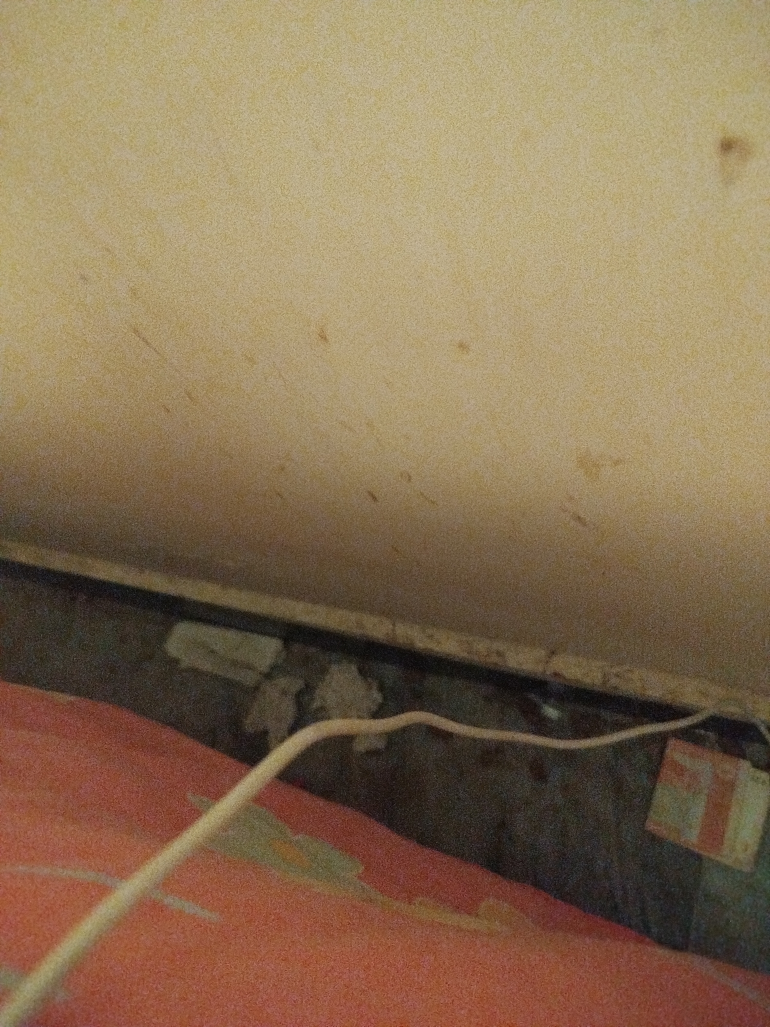 The image depicts a close-up, low-angle view of the floor and lower wall of an interior space, likely a room. The wall at the top of the frame is a light, textured beige, with some faint darker markings and stains. A dark, narrow strip runs horizontally across the image, separating the wall from the floor. The floor itself appears to be a dark, possibly concrete or tiled surface, with some lighter-colored debris or objects scattered on it. A thin, light-colored wire runs diagonally across the lower portion of the image, curving from the left towards the right. In the bottom left and center, a portion of a textured surface, possibly fabric or bedding, with a red and patterned design is visible. To the right, a small, rectangular object with red and white markings is partially visible on the dark floor area. There are no people or animals present in the frame. The lighting appears to be dim, contributing to the grainy texture of the photograph. The image does not provide any identifiable landmarks or features that would allow for localization within Lassan, Pakistan.