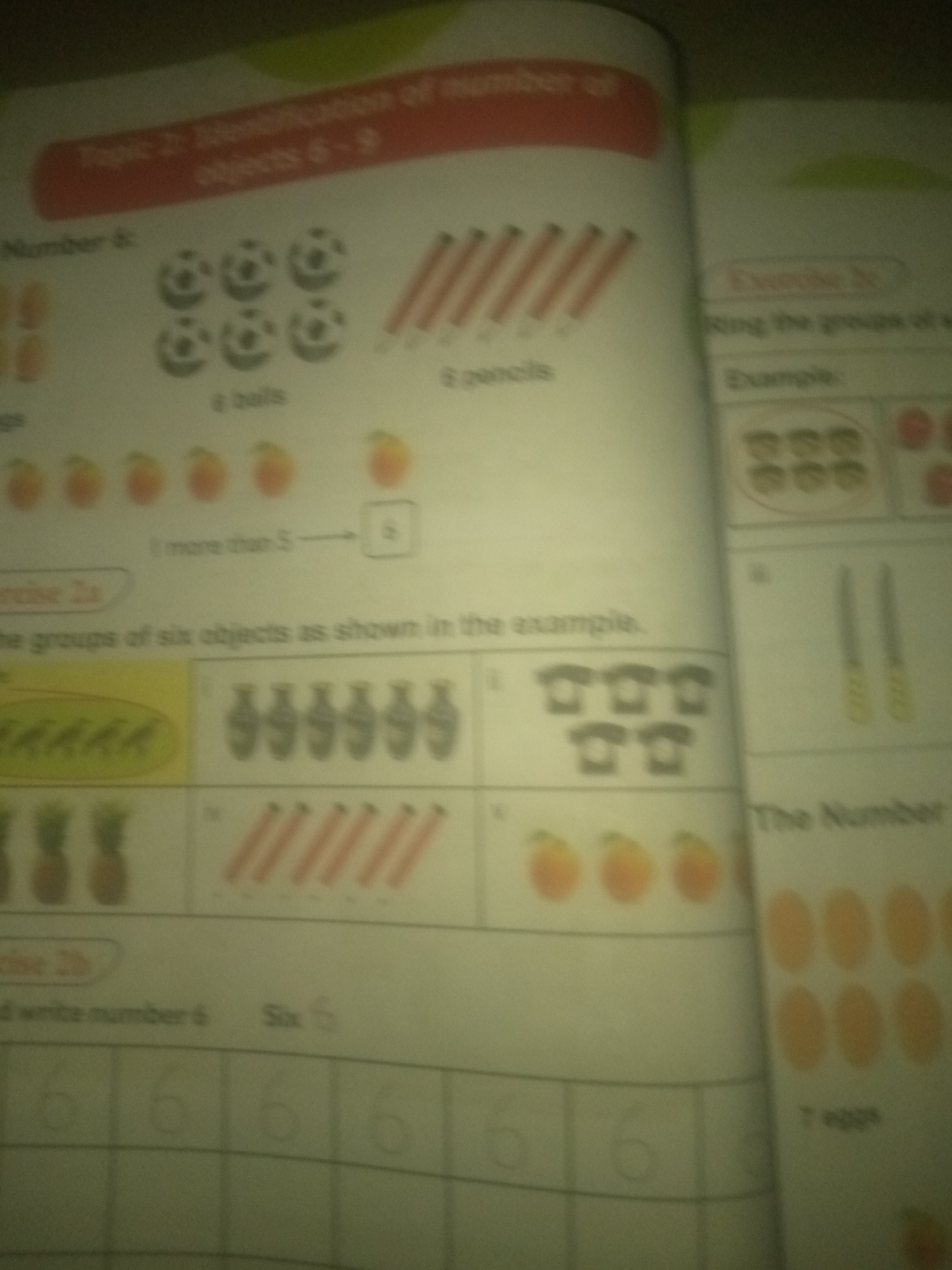 The image shows two pages of a workbook, likely for young children learning numbers. The left page has the title "Topic 2: Identification of number of objects 6-9". Below this, there are exercises involving counting objects like balls, pencils, and fruit. One exercise shows 6 balls and indicates "1 more than 5". Another exercise asks to identify groups of six objects, with examples of rows of pineapples and telephones. The right page appears to continue with number-related exercises, showing groups of objects and the word "eggs". The workbook pages are slightly creased and show signs of use. There is no indication of any specific location in Jauro Yinu, Nigeria within the image.