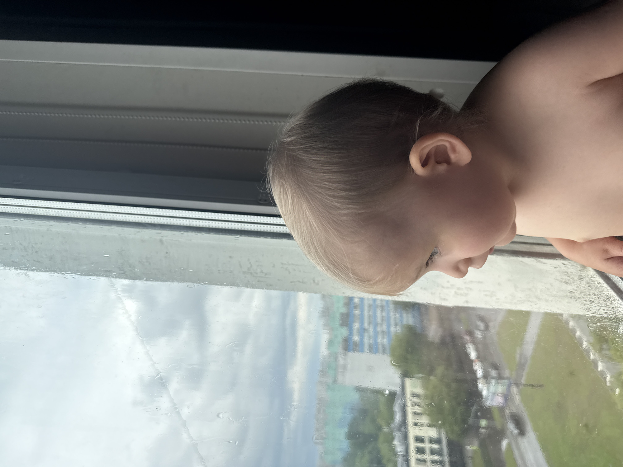 A young child is looking out a window at a city view. The window has raindrops on it, suggesting it is raining. In the background, there are buildings, trees, and a street with cars. The child is in the foreground, with their back to the viewer and their head turned to the side, gazing out at the scene. The overall impression is one of a quiet, observant moment.