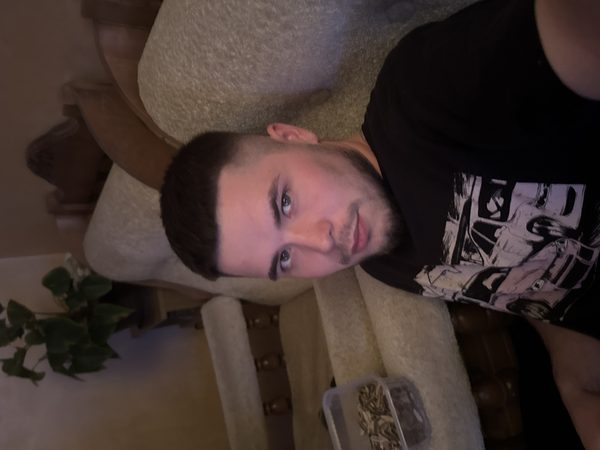 A young adult male is depicted in a medium shot, seated indoors on a light-colored, upholstered couch or armchair with dark wood accents. He is positioned slightly off-center to the left, looking directly into the camera with a neutral expression. He has short, dark hair with faded sides and a short beard. His face is illuminated with a magenta-pink hue. He wears a black short-sleeved t-shirt featuring a stylized graphic print of several cars in white and light pink tones. To his left, a clear rectangular plastic container filled with sunflower seeds is visible on the armrest or cushion. In the background to the left, a wall painted in a light, possibly beige or cream color, is visible. A dark green leafy potted plant rests on a small, dark wooden table or stand against this wall. The overall lighting is dim. The precise location in the city of Perm, Russia, cannot be confirmed from the visual information present in the image.