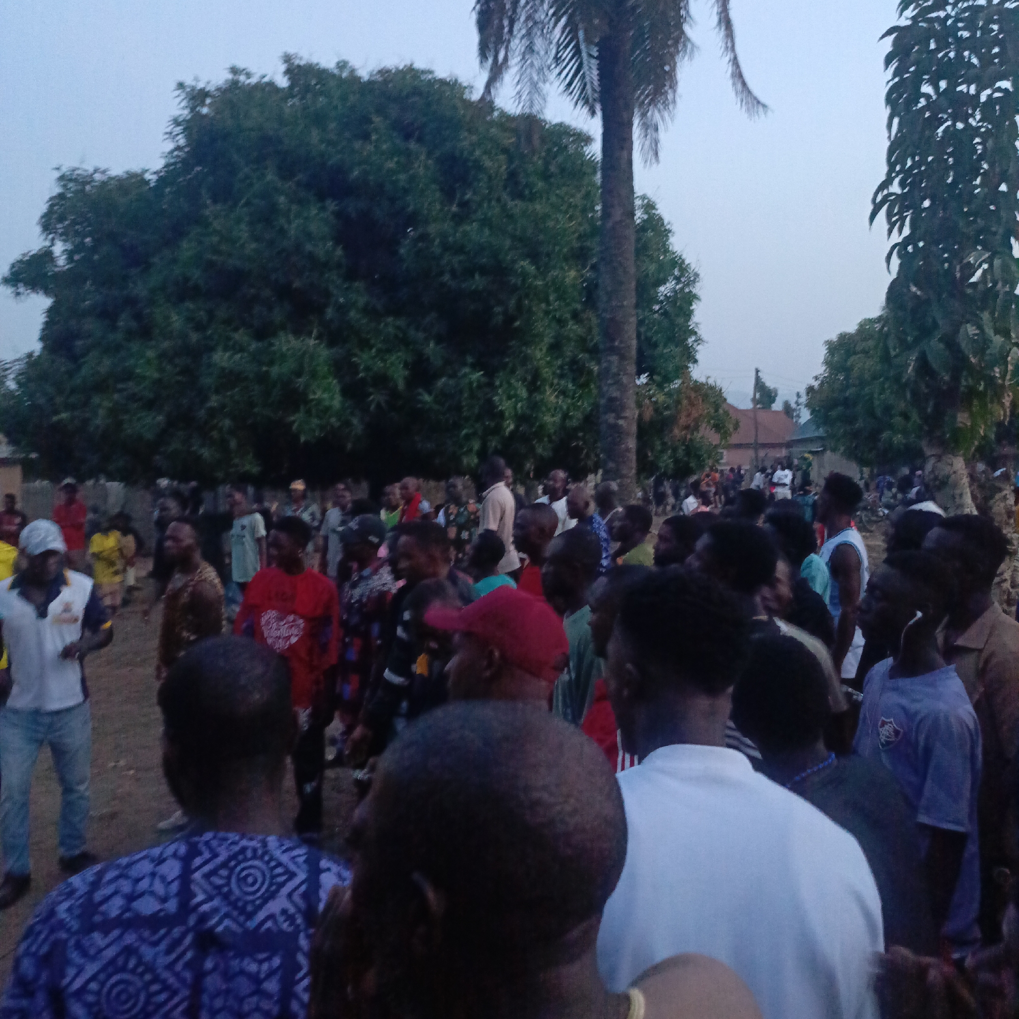 A gathering of numerous people is taking place in Akwanga, Nigeria. The crowd is predominantly composed of African individuals in a rural outdoor setting. A large tree dominates the left side of the frame, and there is a palm tree in the center background. Most of the people are standing. A few buildings are visible in the far distance. The scene appears to be photographed at dusk or in dim lighting.