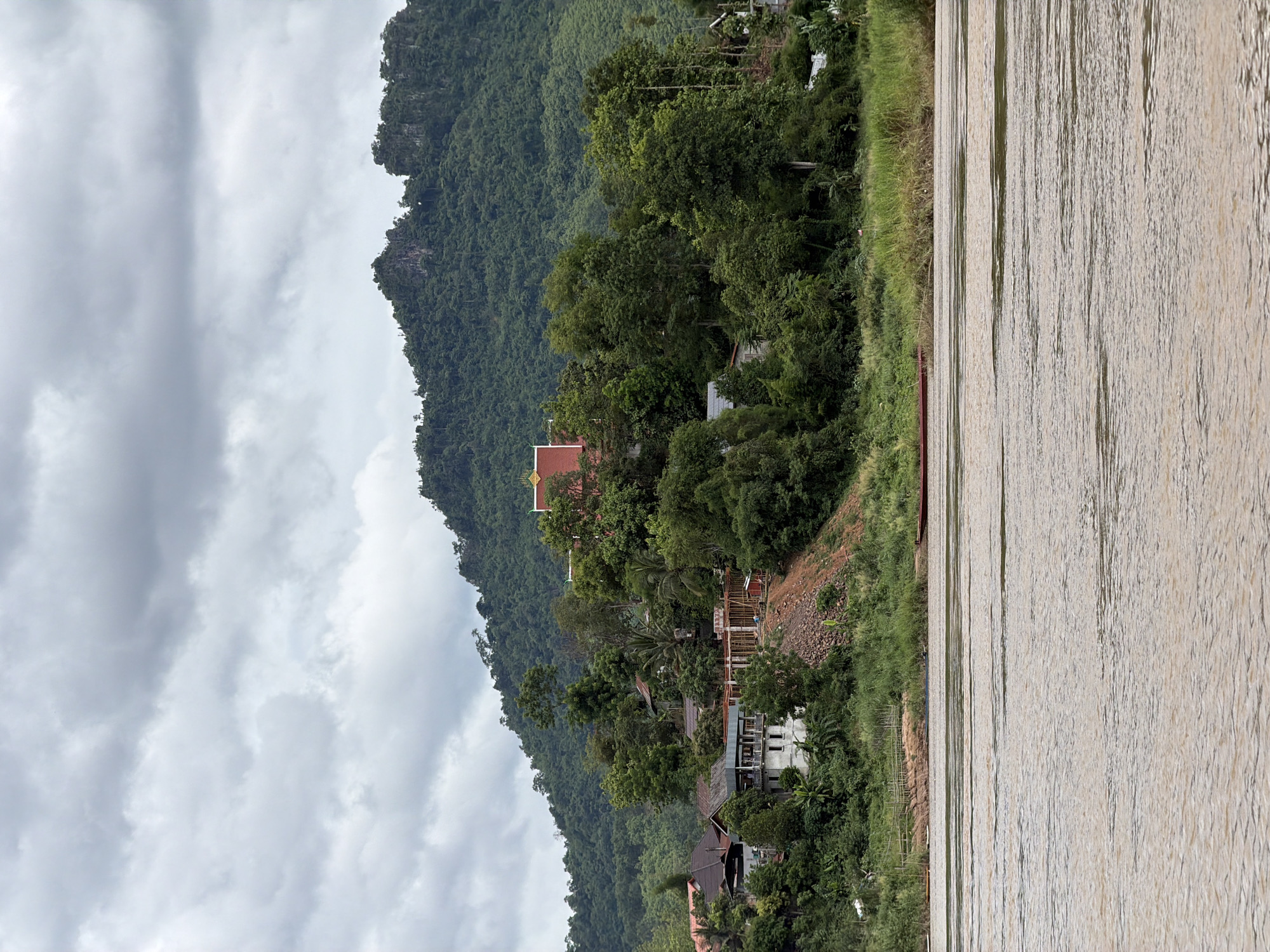 In Siao, Laos, a panoramic view captures a tranquil scene dominated by the Mekong River and lush green mountains under a cloudy sky. The foreground is occupied by the wide, muddy waters of the Mekong, with gentle ripples distorting the reflections of the overcast sky. Along the riverbank, dense vegetation and tall grasses line the shore. A narrow, reddish-brown boat is partially visible, partially submerged near the bank on the left side of the frame.
Further inland, a small village is nestled amongst the trees and hills. Several houses with tiled roofs are visible, some appearing to be under construction with wooden scaffolding. One prominent building, potentially a temple or a significant structure, features a bright red roof with ornate golden trim. The village is surrounded by a vibrant green landscape, with trees of varying sizes and shades of green dotting the hillside.
In the background, a majestic, densely forested mountain range rises steeply, its peaks softened by the cloudy atmosphere. The mountains are covered in a thick canopy of trees, with some rocky outcrops visible near the summit. The overall impression is one of peaceful coexistence between the natural landscape and the human settlement.