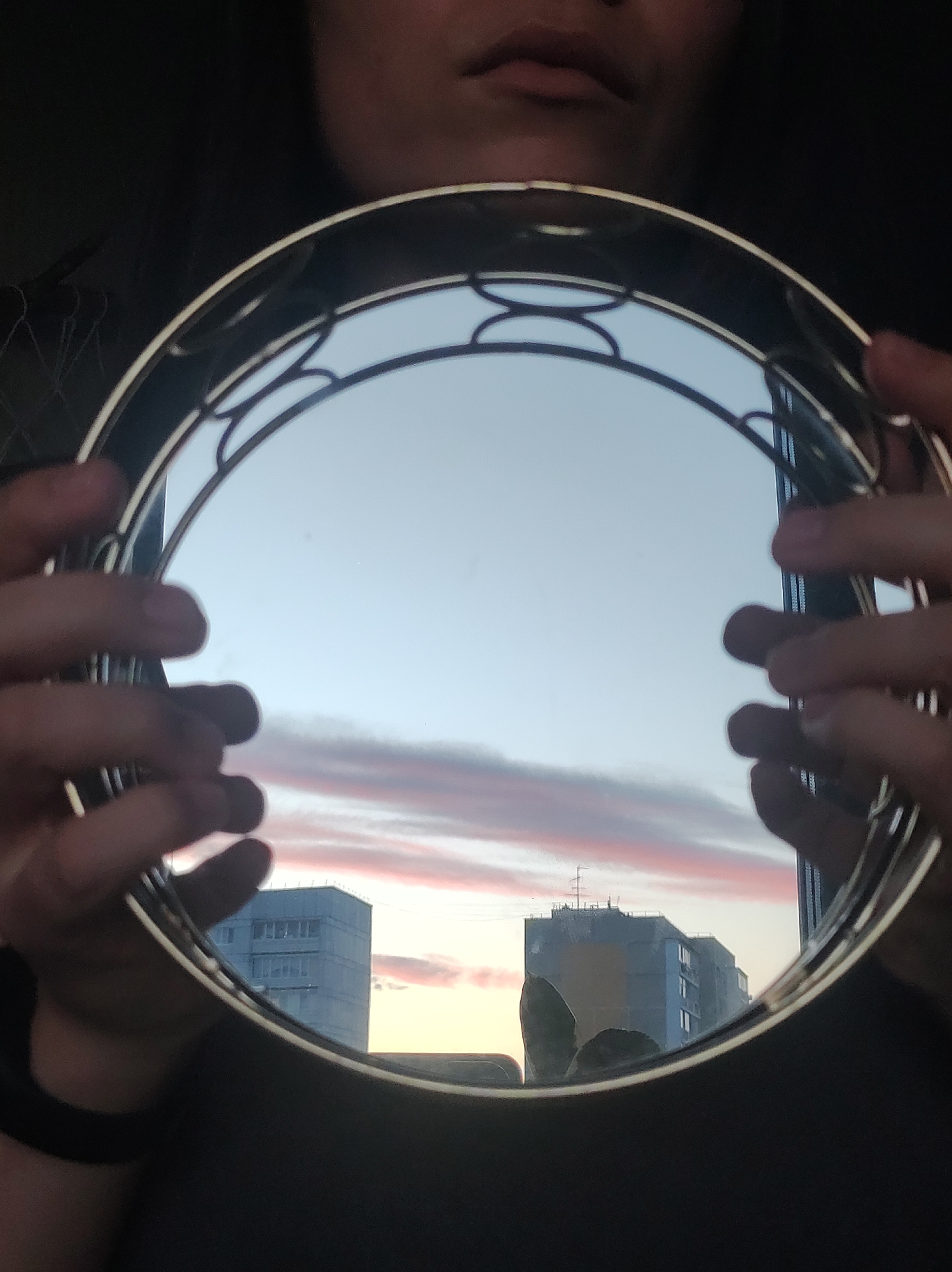 The image captures a close-up view of a person holding a round, decorative mirror or polished tray. Only the lower portion of the person's face, specifically their mouth, nose, and chin, along with their hands and forearms, are visible. They are wearing a dark top and a dark wristband on their left wrist.
The central feature is the reflection within the circular object, which depicts an outdoor urban landscape at sunset. The upper half of the reflection shows a light blue sky streaked with elongated, soft pink and orange clouds, indicative of dusk or dawn. Below the sky, two distinct multi-story buildings are reflected. The building on the left is a light grey with several visible windows, while the one on the right is darker, featuring antennas on its roof and what appears to be a section of damaged or peeling facade on its lower left side. The architectural style of these buildings suggests an Eastern European or post-Soviet environment, aligning with the provided location context of Chaikovsky, Russia.
The person's fingers are wrapped around the metallic, ornamental rim of the mirror. The focus is sharp on the reflection, while the person's features and hands are slightly softer. The scene conveys a tranquil atmosphere, emphasizing the natural beauty of the sky reflected in a man-made object within an urban setting. There is no visible text in the image.