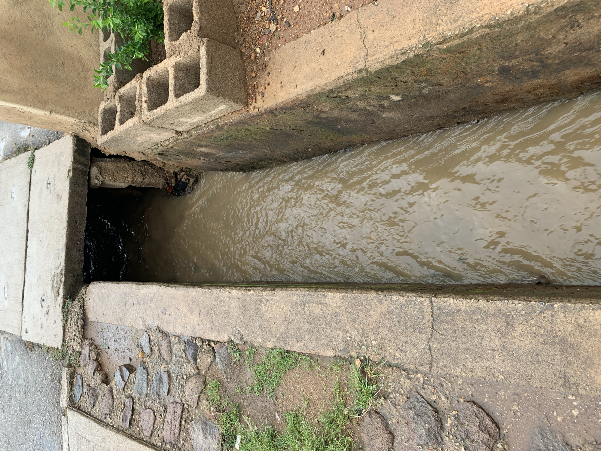 The image displays an overhead view of a concrete drainage canal or ditch, possibly located in Rafin Par, Nigeria. The main subject is the canal, which is filled with murky, light brown water, suggesting a significant flow or muddy source. The water's surface shows ripples, indicating movement.
Along the upper edge of the canal, a structure made of concrete blocks (cinder blocks) forms a low wall or planter, with green foliage and small plants growing out of and around it. The ground adjacent to these blocks is uneven, consisting of dirt, small stones, and sparse vegetation.
On the left side of the image, the canal narrows and appears to flow into a dark culvert or pipe system under a concrete walkway. Near this entry point, some dark-colored debris, possibly plastic waste, is visible in the water. The walkway itself is made of concrete slabs.
The lower edge of the image shows another concrete structure bordering the canal, with rough, uneven ground next to it, composed of embedded stones, dirt, and patches of green grass.
The scene depicts a functional piece of infrastructure, likely for water management. The lighting suggests it is daytime. There are no people or visible text in the image, and no specific weather conditions can be definitively determined beyond the appearance of the muddy water. The overall impression is one of a utilitarian outdoor setting.