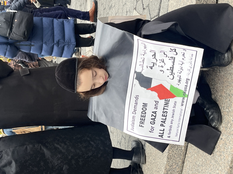 A young person, appearing to be a child, with light brown hair and wearing a black velvet kippah, sits or kneels on a paved outdoor surface. They are dressed in dark, traditional Jewish attire and are looking downwards. A large, rectangular protest sign is suspended around their neck, resting against their chest and lap. The sign is white with a black border and features text in English and Arabic. The English text reads: "Judaism Demands FREEDOM for GAZA and ALL PALESTINE & forbids any Jewish State Neturei Karta International - www.nkusa.org". A map of the region, colored in the style of the Palestinian flag, is depicted on the sign. In the background, numerous individuals are standing, blurred, suggesting a crowd or demonstration in a public outdoor area. Their attire includes dark coats, a blue puffer jacket, and some individuals also wear traditional Jewish clothing. The scene takes place in a public outdoor space, likely a plaza or street, within the city of New York, United States of America.