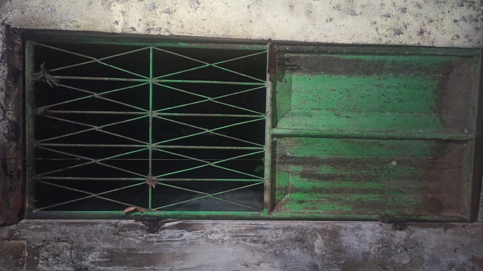 The image depicts a weathered, green metal door with a diamond-shaped metal grate over its upper half. The door is set within a rough, textured wall that is partly gray and partly a pale, dirty yellow. The metal grate is rusty in places and has some debris tangled within it, including what appears to be a small bird's nest made of twigs. A thin, dark string hangs vertically in front of the grate. The door itself is heavily textured with streaks of rust and dirt, suggesting it is old and exposed to the elements. A simple metal latch is visible on the right side of the door. The overall impression is one of neglect and age. The setting is identified as being in the city of Tuba, Indonesia.