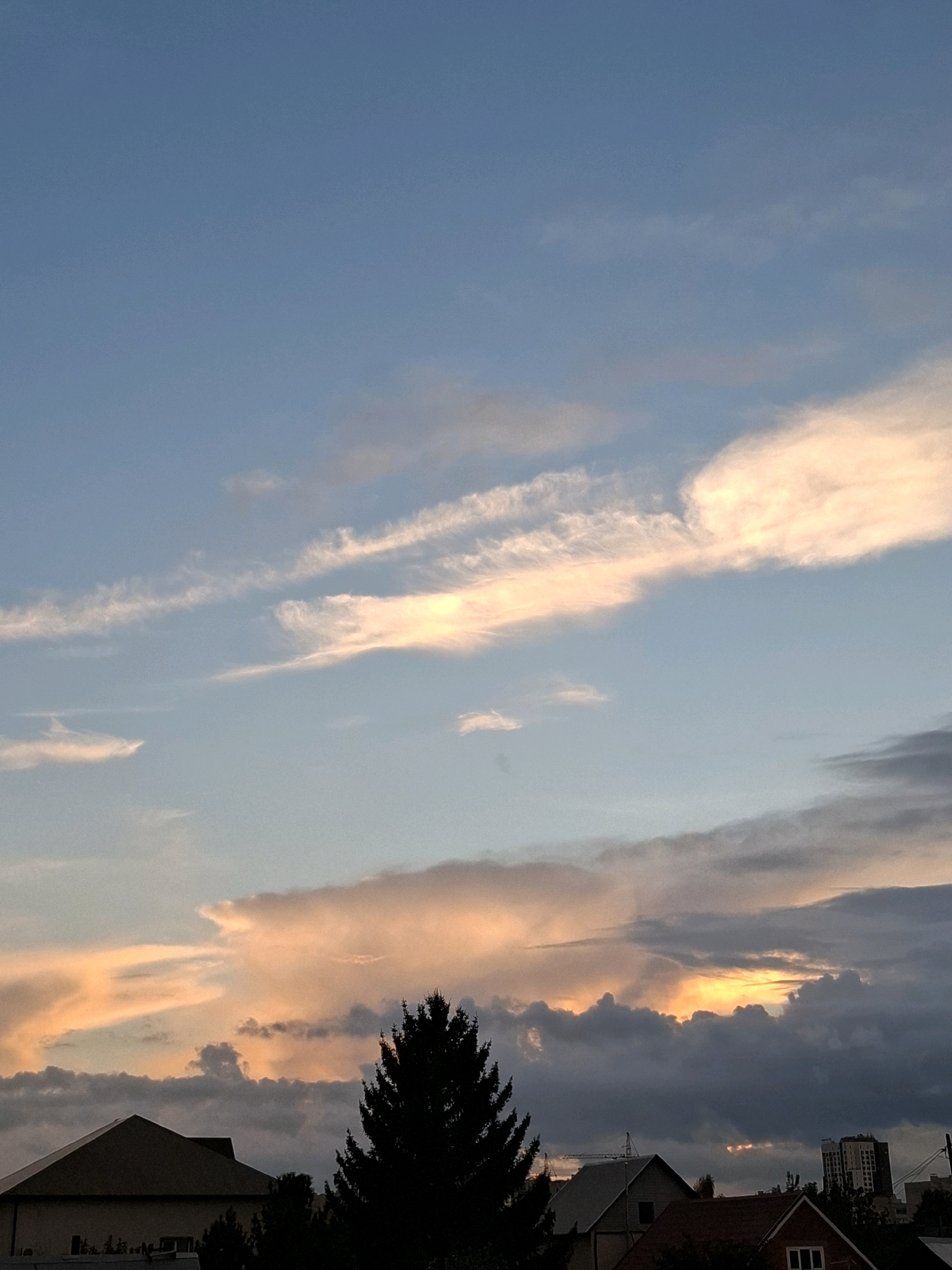 The image depicts a dusky sky with scattered clouds, tinged with hues of orange and pink, suggesting either sunrise or sunset. Below the sky, a silhouetted evergreen tree stands prominently in the foreground, obscuring a portion of the horizon. In the middle ground, the rooftops of several buildings are visible, including a house with a prominent gable and a taller building in the distance. The overall scene is calm and serene, with no visible people or activities. The location is the city of Tyumen, Russia.
