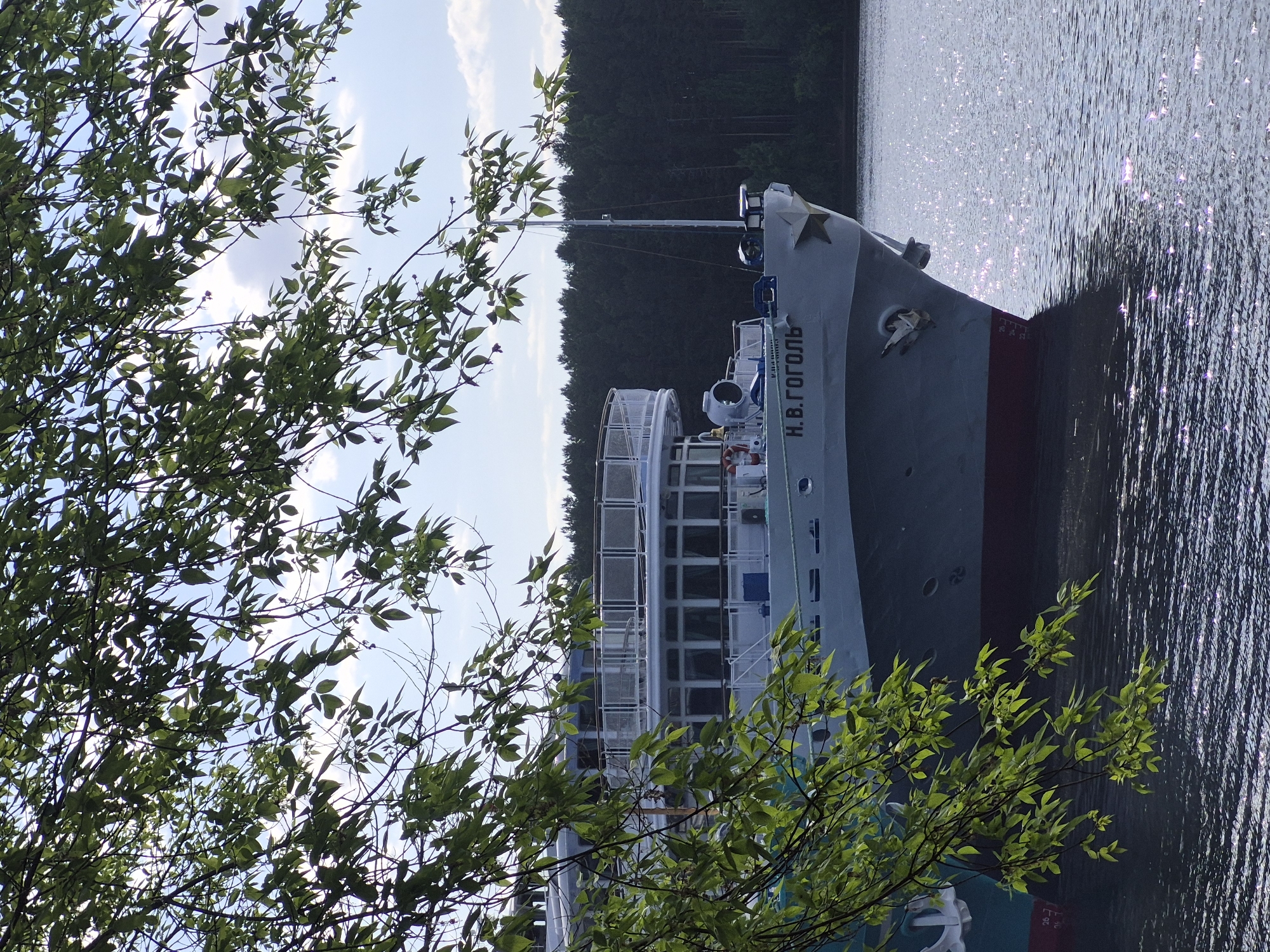 The image shows the river ship "N.V. Gogol" docked on a riverbank. The ship is grey with a red stripe at the waterline. The name of the ship is written in Cyrillic on the side. A large five-pointed star is visible on the bow. Trees and foliage are present in the foreground. The water surface reflects the sky and sunlight. A forested area is visible in the background. The exact location is Unknown, Unknown.