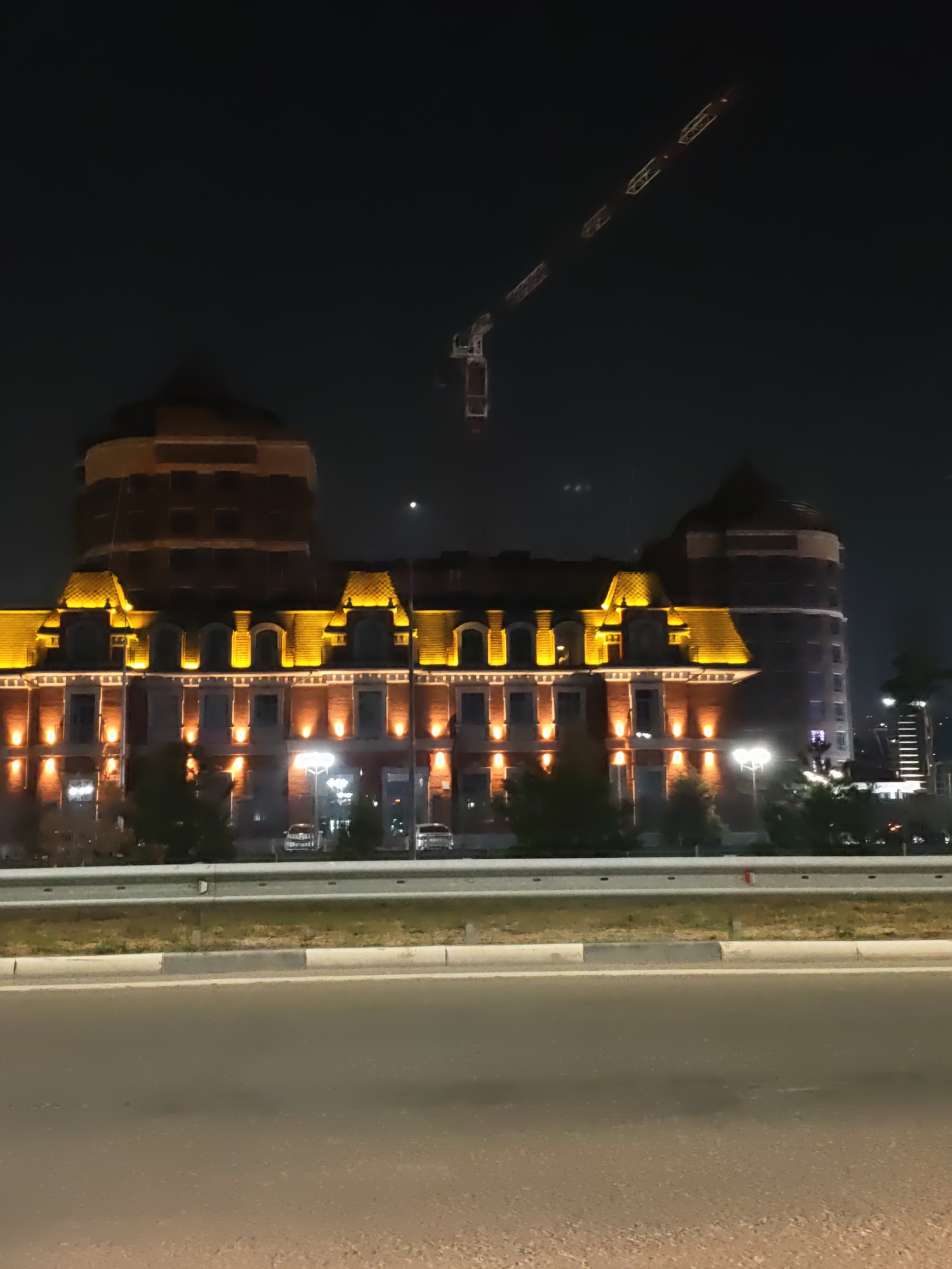 The image depicts a grand, illuminated building at night, possibly a hotel or administrative structure, in Rostov-on-Don, Russia. The architecture features a central round tower with a domed roof and flanking wings with mansard roofs, all adorned with warm, golden lighting. The building appears to be under construction or renovation, as evidenced by a construction crane visible in the night sky. In front of the building, there are several parked cars and streetlights. A highway or main road with a concrete barrier separates the foreground from the building and its surroundings. The scene is set against a dark night sky, with a faint moon visible.