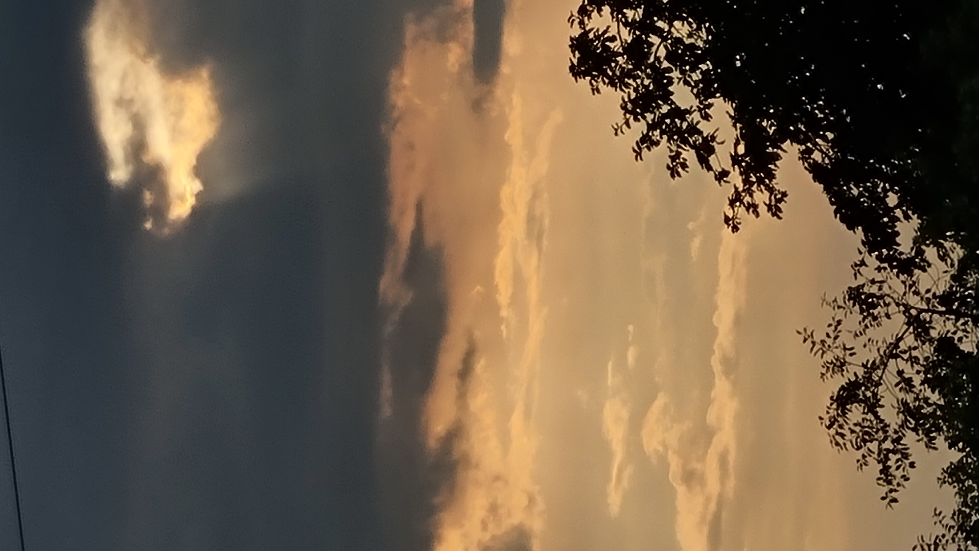 The image depicts a dusky sky with a mix of dark grey and orange clouds. A single ray of light pierces through a gap in the dark clouds on the upper right, illuminating a section of a lighter, warmer cloud. Silhouetted against this sky are the tops of trees, with one prominent cluster of branches and leaves in the lower right portion of the frame. There are no people or visible structures in the scene. The photograph appears to have been taken outdoors, likely in the city of Vysokoe, Russia, during twilight.
