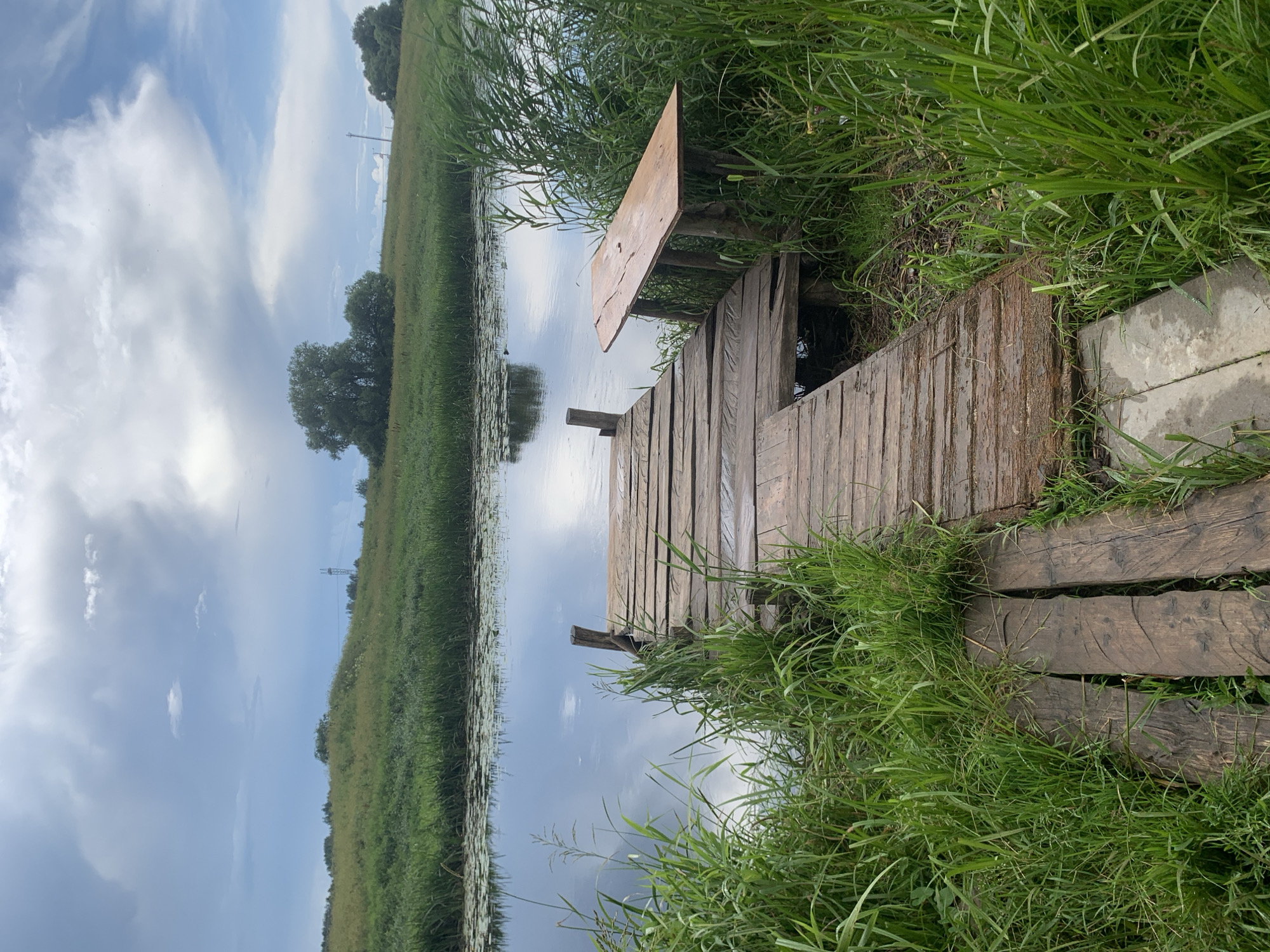 The image depicts a wooden dock extending into a calm body of water. The dock is made of weathered, uneven planks and has a simple, rustic appearance. A makeshift wooden bench with a rough-hewn top is situated to the right of the dock, supported by rustic wooden legs. Lush green grass and tall reeds grow along the banks of the water, surrounding the dock and bench. The water's surface reflects the cloudy sky, which is a mix of blue and white. In the background, a gentle green slope rises, dotted with trees and vegetation, suggesting a rural or natural landscape. The overall scene evokes a sense of quietude and natural beauty, characteristic of a peaceful, natural setting. The location appears to be in a rural area within Відзаўскі сельскі Савет, Belarus, based on the provided context. There are no people visible in the image.