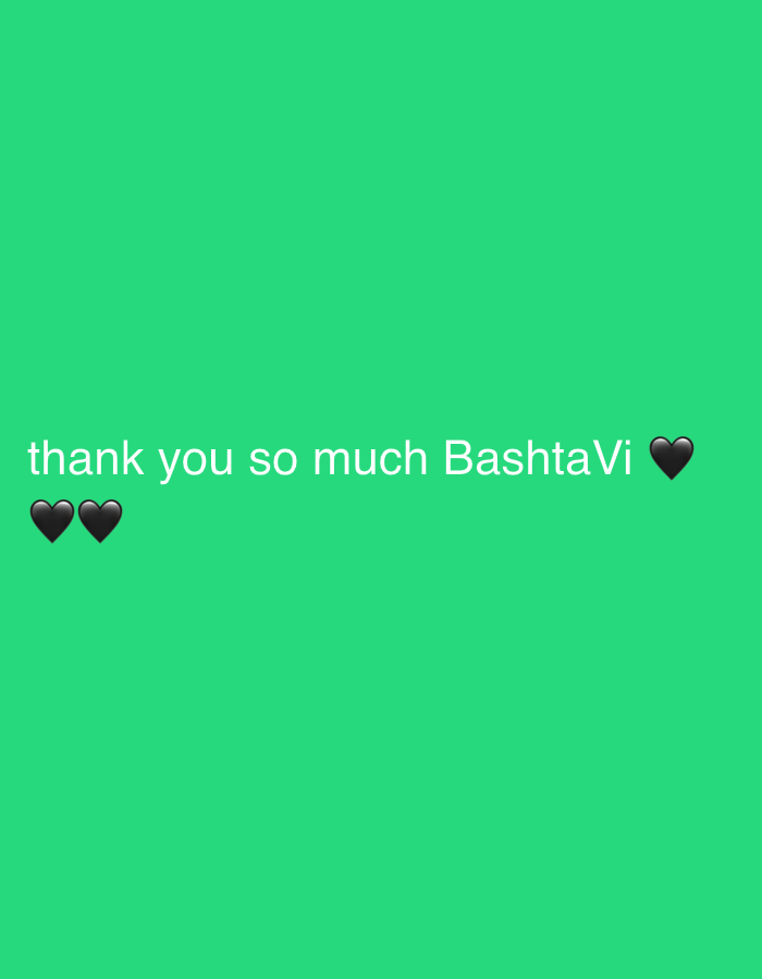 The image is a green background with the white text "thank you so much BashtaVi" followed by a single black heart emoji, then two black heart emojis at the beginning of the text. The location of New Stadium, Nigeria is not apparent in the image.