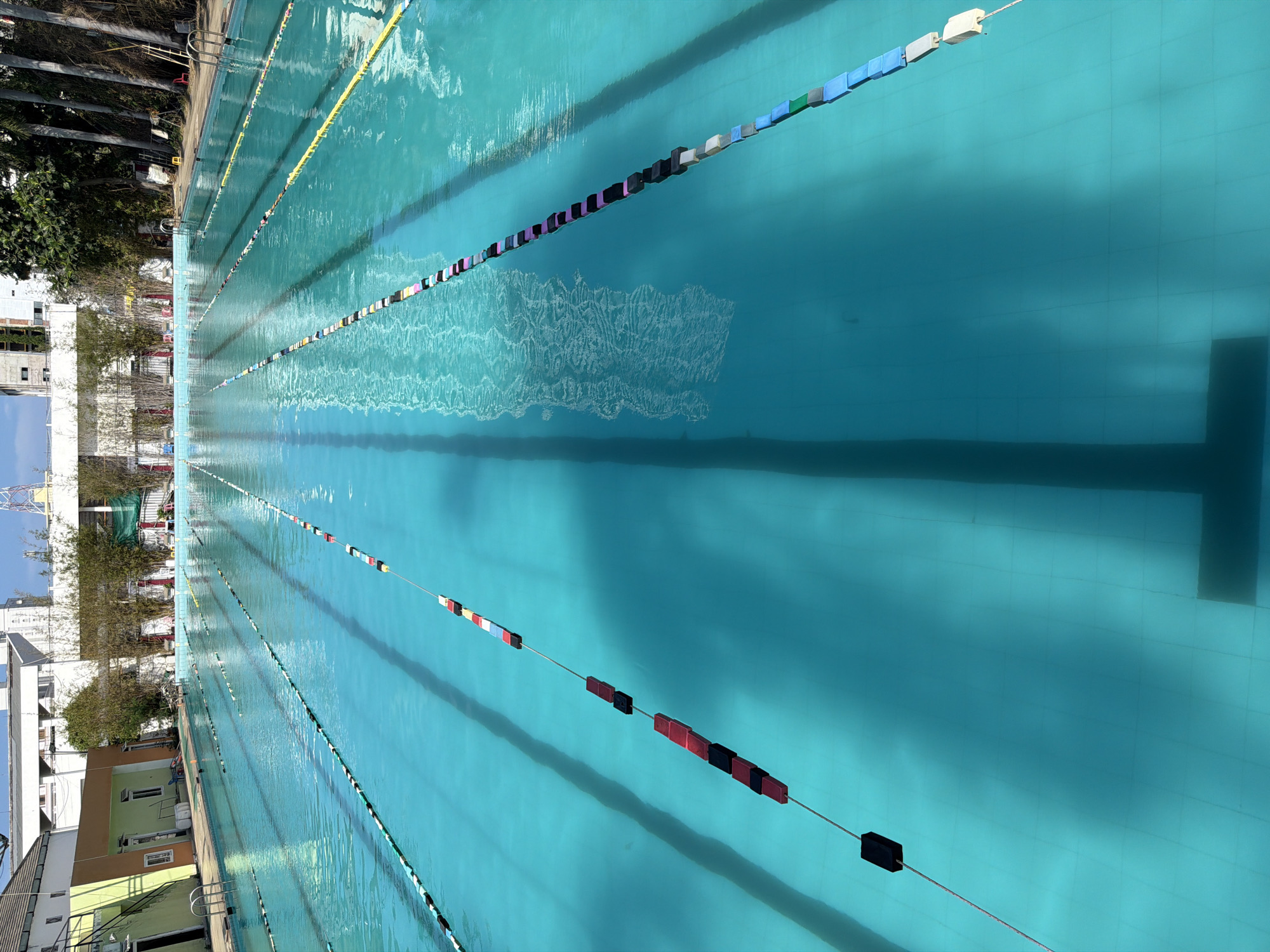 This is a landscape-oriented photograph of a large, outdoor swimming pool under bright daylight, located in Nha Trang Ward, Vietnam. The pool's vibrant blue-green water dominates the frame, appearing clear and still with subtle ripples and reflections on its surface.
The pool is equipped with multiple lane lines, featuring colorful floats in segments of red, black, white, blue, yellow, pink, and green, stretching from the foreground towards the far end. Dark lines marking the individual swimming lanes are visible on the pool bottom, which appears to be tiled in a grid pattern. Shadows are cast onto the water, indicating the presence of overhead structures or objects outside the frame. The deeper end of the pool is visible, marked by a darker blue section.
In the background on both sides of the pool, various buildings with different architectural styles and colors (white, orange, light green) are visible, along with lush green trees and other vegetation, suggesting a built-up area with greenery. No people or active events are present, giving the scene a serene and tranquil atmosphere, perhaps captured before or after busy hours. There is no visible text in the image. The bright illumination suggests it is mid-day with clear skies.
