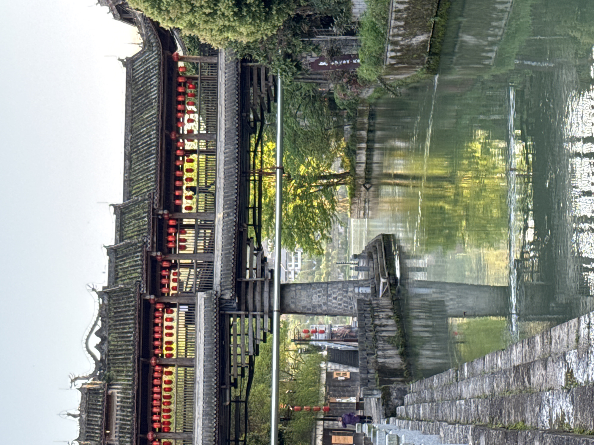 A vertical landscape photograph captures a scene of Zhuoshui, China. A traditional Chinese building lines the waterway to the left. The building is dark wood with a multi-tiered roof and red lanterns hanging from the eaves. The building is reflected in the water with a tree and shrubbery. A concrete embankment leads down to the waterway, and a pedestrian in a purple jacket rests on the embankment.