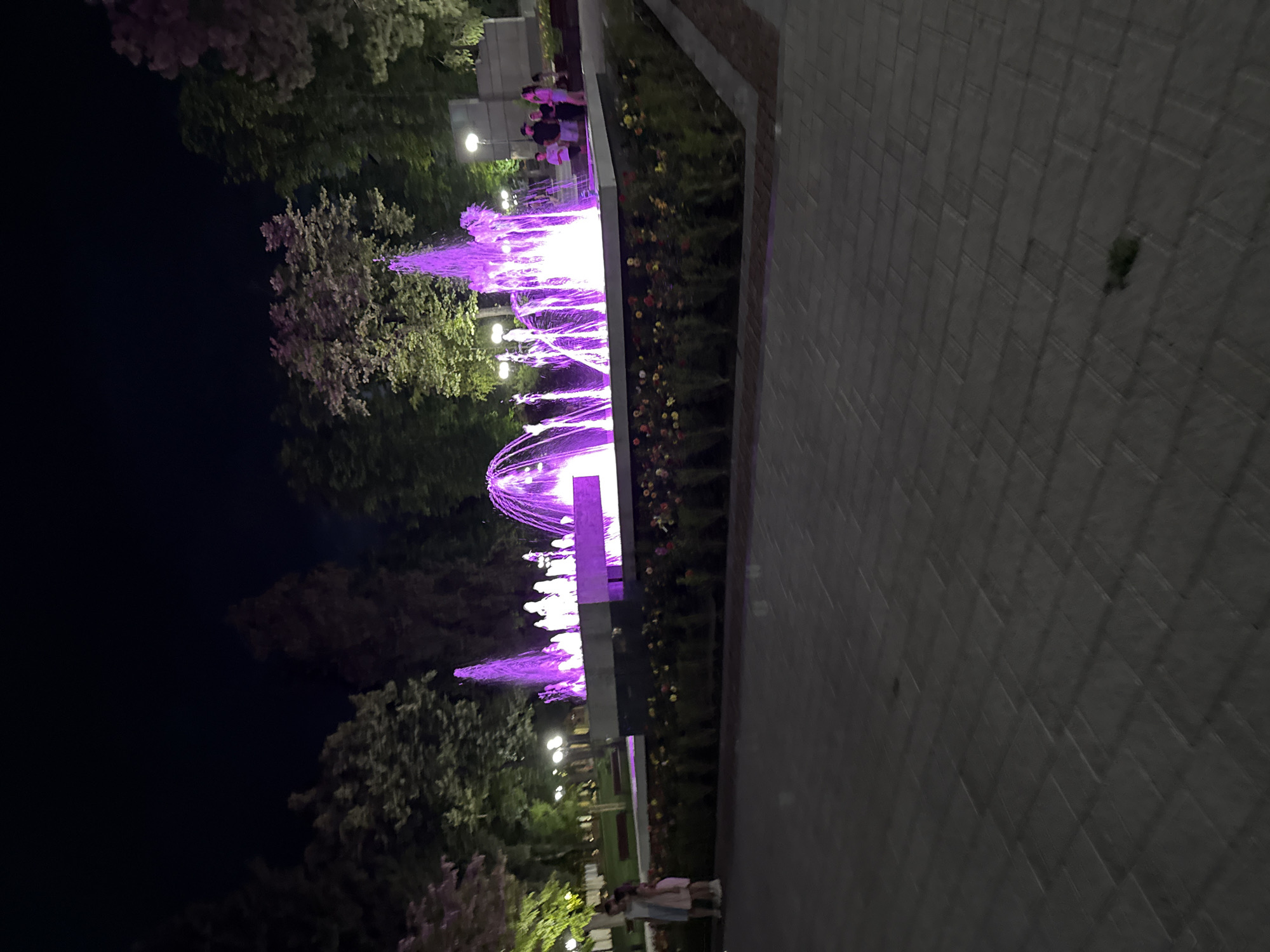 The image captures a vibrant night scene at the Musical Fountain in Stara Zagora, Bulgaria. The fountain is illuminated with bright purple lights, creating a spectacular display of water jets reaching upwards. In the foreground, a paved walkway with a subtle pattern runs across the lower half of the frame. Behind the fountain, a flowerbed filled with colorful blooms lines the perimeter of the water feature. Trees with lush foliage surround the fountain area, their leaves illuminated by the ambient light. Several people are visible in the background, standing near the fountain and on a walkway. To the left, two young girls are standing together, while to the right, a group of people, including adults and children, are gathered. Streetlights are also visible, casting a warm glow on the surroundings. The overall atmosphere is lively and enchanting, showcasing the fountain as a popular gathering spot in the city.