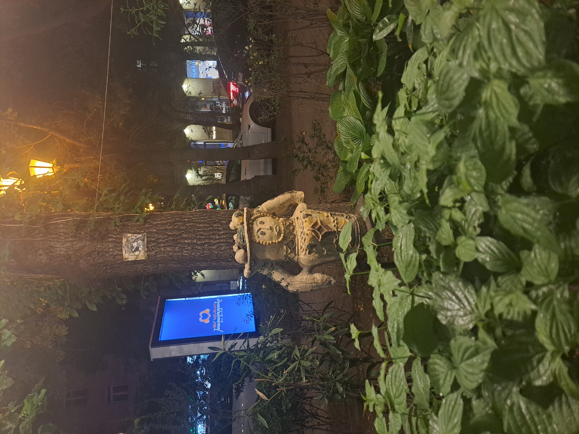Captured at night in Yerevan, Armenia, the image shows a statue of an Armenian figure standing in a park. To the right of the statue are lush green plants. To the left is a lit-up advertisement display. The statue stands near a tree. The building behind the tree is lit up with windows visible. Further in the background is a car. The photo is oriented sideways.