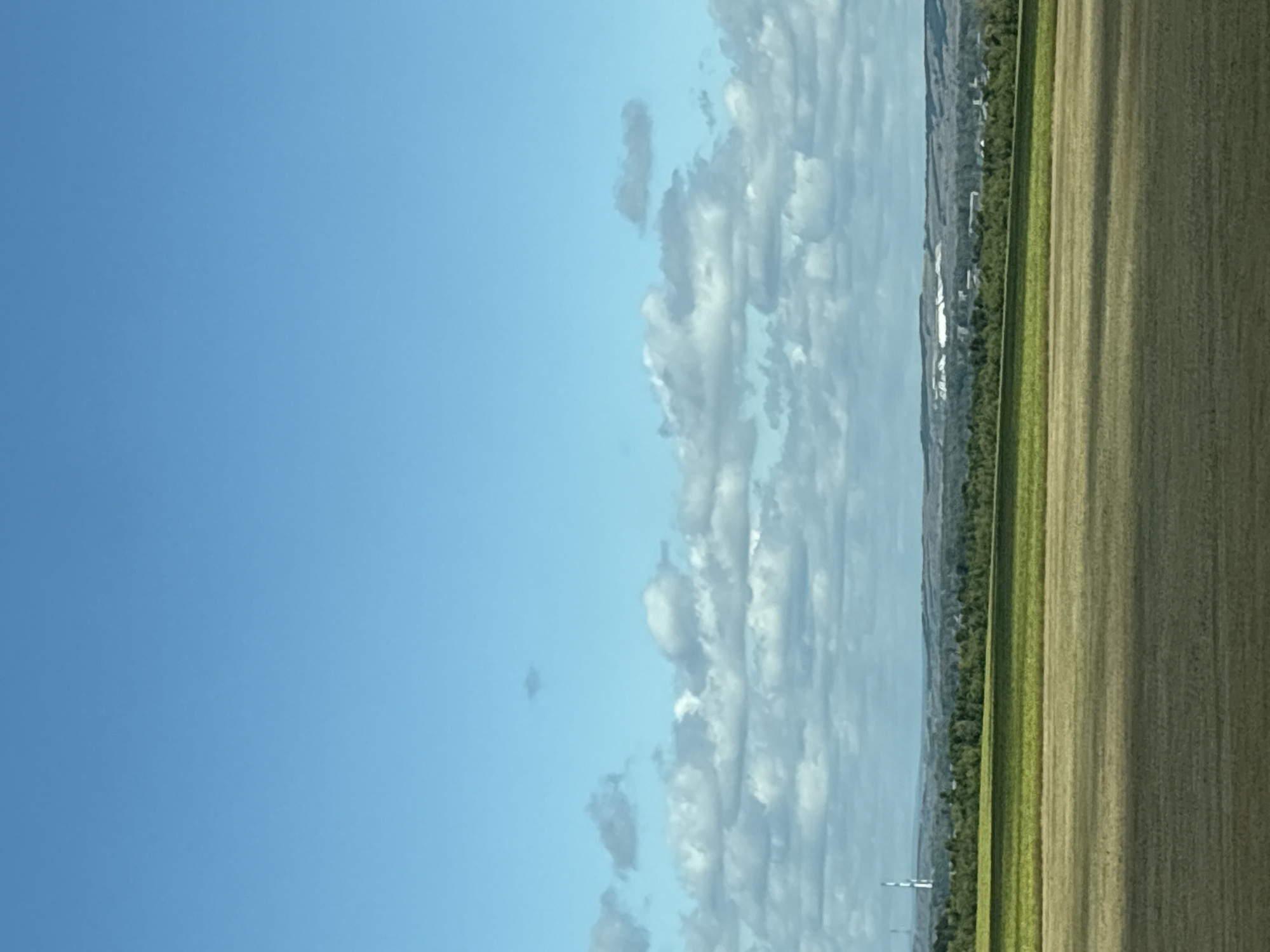 The image depicts a rural landscape under a clear blue sky with scattered white clouds. In the foreground, there are two agricultural fields, one with a lighter brown, harvested appearance and another with green vegetation. Beyond these fields, a line of trees forms a dark green border, with a few structures and what appears to be an industrial facility or power plant visible in the distance. There are no people or animals visible in the scene. The environment appears to be a sunny day in a rural setting, possibly on the outskirts of Kuz'minskoe, Russia, given the presence of agricultural land and industrial elements.