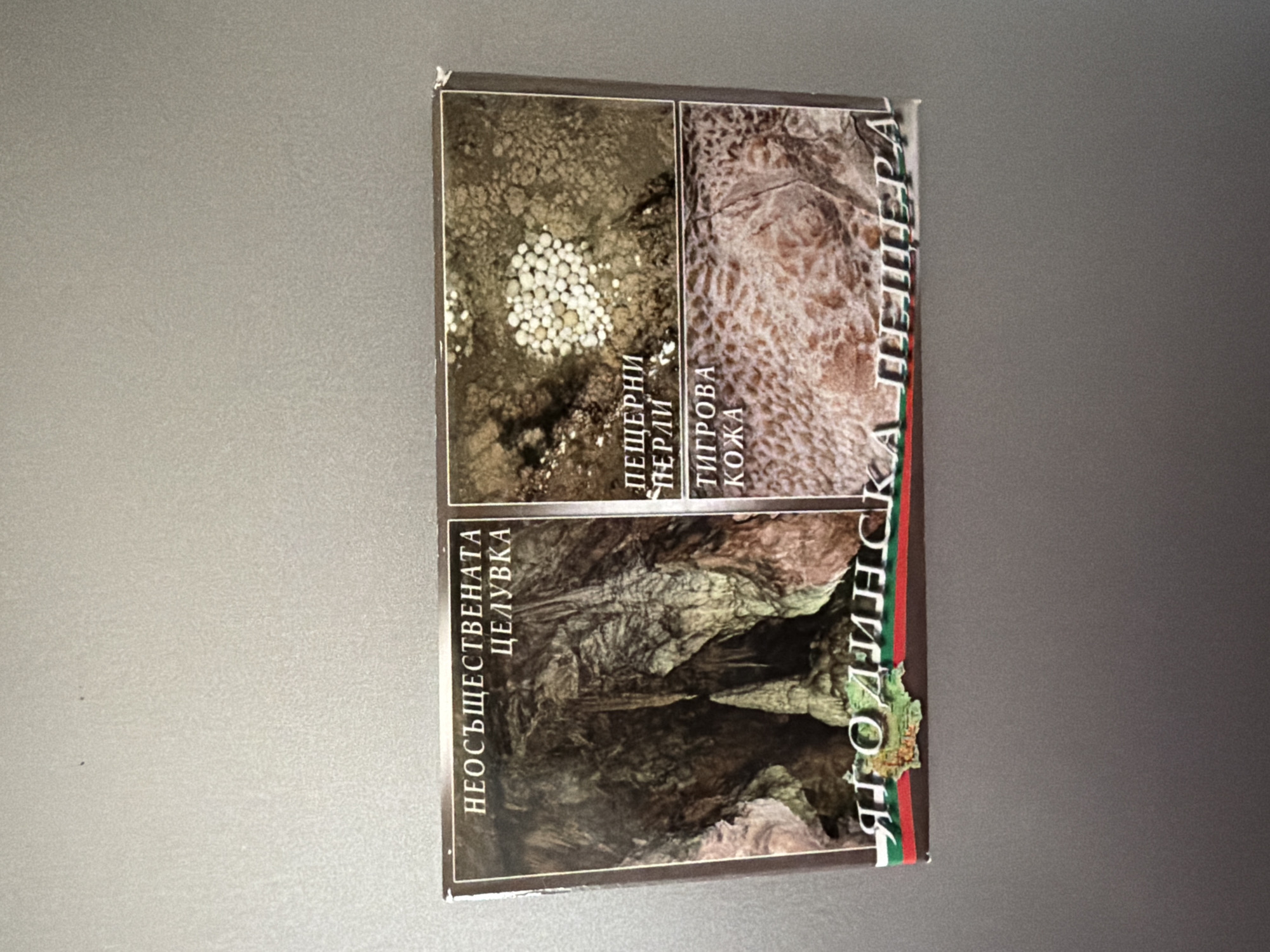 The image is a close-up shot of a postcard or brochure featuring images and text related to a cave. The top portion of the image displays a dark cave interior with stalactites and stalagmites. Text above this image reads "НЕОСЪЩЕСТВЕНАТА ЦЕЛУВКА", which translates to "The Unreal Kiss".
To the right of the cave image, there are two smaller images. The top right image shows a cluster of small, white, spherical objects, possibly cave pearls, against a textured background. Text above this reads "ПЕЩЕРНИ ПЕРЛИ", meaning "Cave Pearls". The bottom right image shows a textured, patterned surface that resembles animal hide, possibly tiger skin. Text above this reads "ТИГРОВА КОЖА", meaning "Tiger Skin".
Along the bottom of the postcard, there is a border with the Bulgarian flag colors (white, green, red) and the text "ЯГОДИНСКА ПЕЩЕРА", which translates to "Yagodina Cave". Yagodina Cave is a famous karst cave located in the Rhodope Mountains of Bulgaria, approximately 150 kilometers south of Pazardzhik. The postcard appears to be a promotional item for this cave, highlighting its unique features. The background of the postcard is a plain, neutral gray surface, suggesting it has been placed on a wall or refrigerator. There are no people or specific actions depicted.