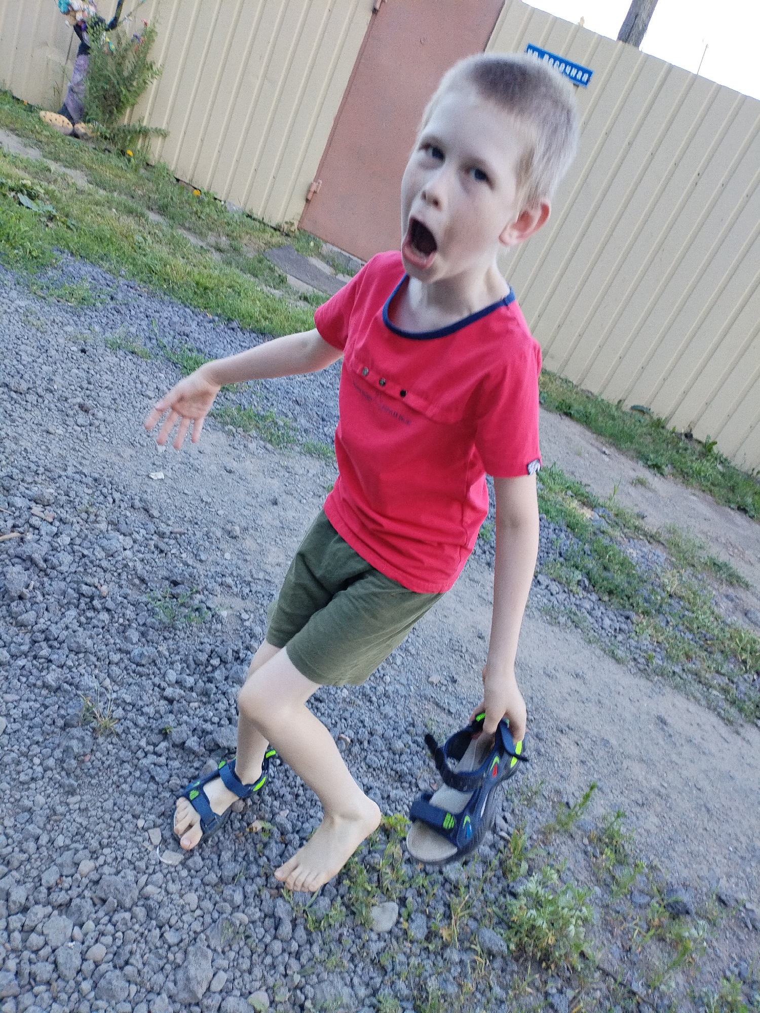 A young boy with blond hair and fair skin, wearing a bright pink t-shirt and olive green shorts, is captured in a mid-stride pose on a gravelly path. He is barefoot on his right foot, while his left foot is clad in a dark blue sandal with neon green accents. The boy's mouth is wide open, as if exclaiming or singing, and his left arm is extended outwards, with his hand open. In his right hand, he is holding another dark blue sandal. Behind him, a pale yellow corrugated metal fence runs horizontally, with a brown door-like structure visible on the far left. A blue street sign with white lettering is affixed to the fence. The ground is covered in small grey stones, with patches of dry grass and sparse green vegetation. The lighting suggests an outdoor setting during daylight hours. The background elements, specifically the street sign reading "САДОВОДНАЯ" (Sadovaya, meaning "Gardening" or "Orchard" in Russian), strongly indicate the location is likely within a dacha settlement or a garden community in Komsomolsk-on-Amur, Russia, as this is a common street name for such areas.