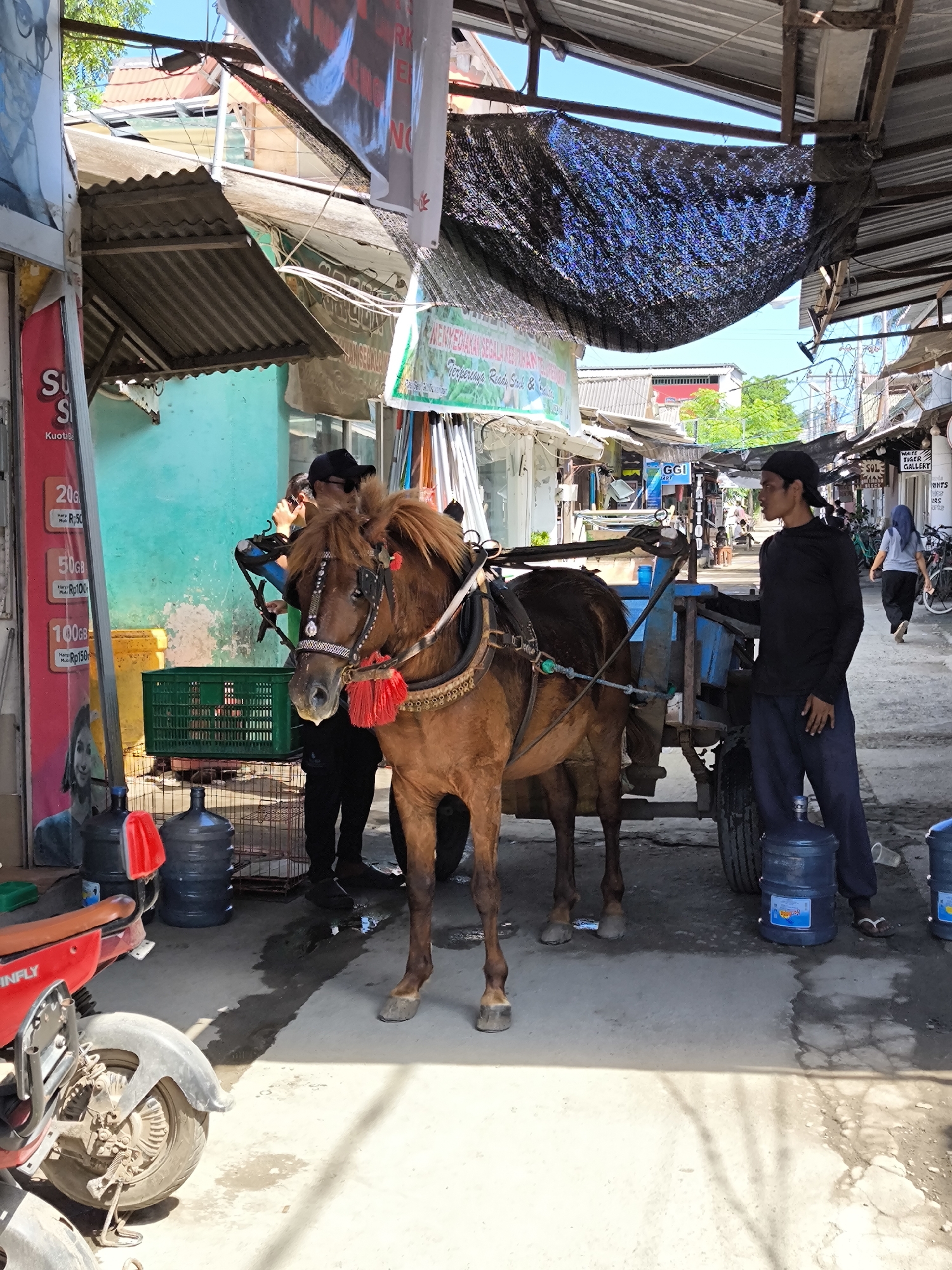 A medium-shot depicts a brown horse harnessed to a small blue cart in what appears to be a narrow street or alley in an urban setting. A man in a dark long-sleeved shirt and dark pants stands beside the cart, leaning against it and looking towards the end of the alley. To the left of the horse, another person in dark clothing is partially visible, standing behind the horse.
In the background, the street extends into the distance with various shops and buildings lining both sides, and several people can be seen walking, some of whom appear to be on bicycles. The area is covered with a mix of corrugated metal roofing and black netting overhead, providing shade.
To the left, a red scooter is parked. A red advertisement banner is nearby, and blue and white buildings are partially visible behind the horse and the people. Several water jugs are present near the horse and cart. The overall setting is a bustling, commercial area in what is likely a city. The OCR hints suggest this location might be in Indonesia.