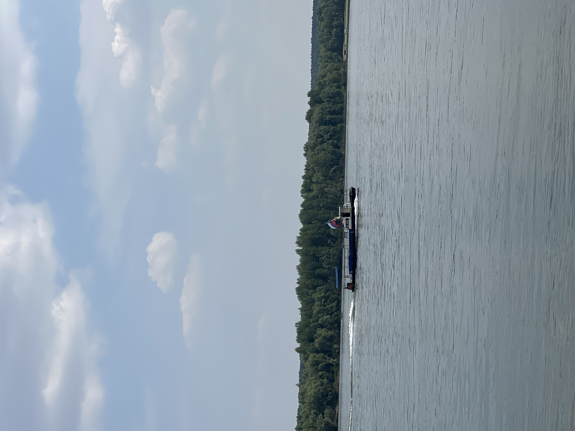The image shows a ferry boat with a Russian flag on its stern, traversing a wide, calm river under a partly cloudy sky. The boat is moving from left to right, leaving a white wake behind it. On the far bank of the river, a dense forest of green trees lines the horizon. The scene appears to be a peaceful, natural environment. The specific location is the Svisloch River in Mochishche, Russia.