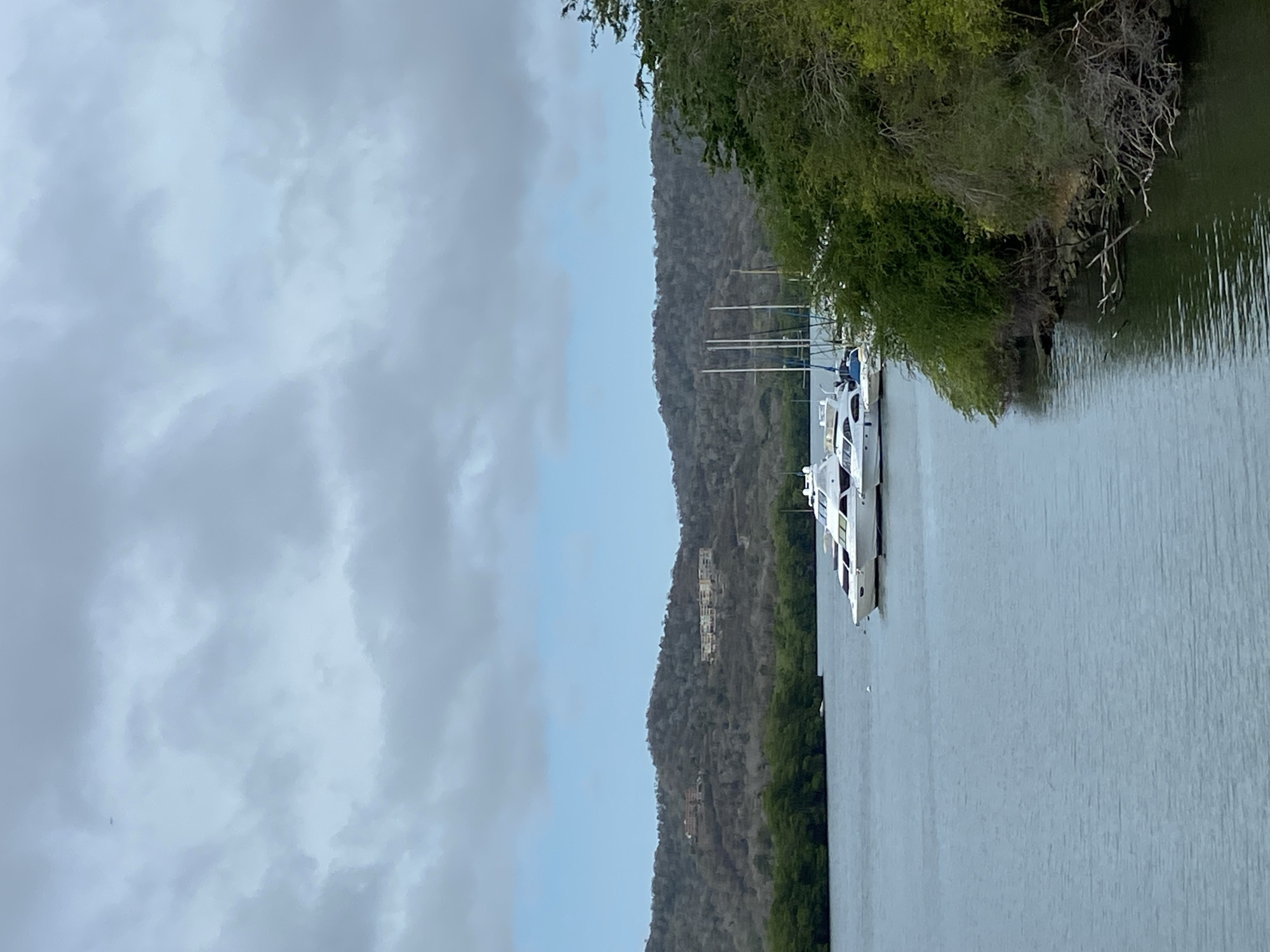 The image depicts a waterway adjacent to a wooded shoreline, likely in a tropical location based on the vegetation. Several white yachts are docked along the shoreline, with multiple masts visible. Across the waterway is a forested hillside or mountain, with a few buildings visible on the slope. The sky is overcast with gray clouds. The location is identified as Carenero, Venezuela.