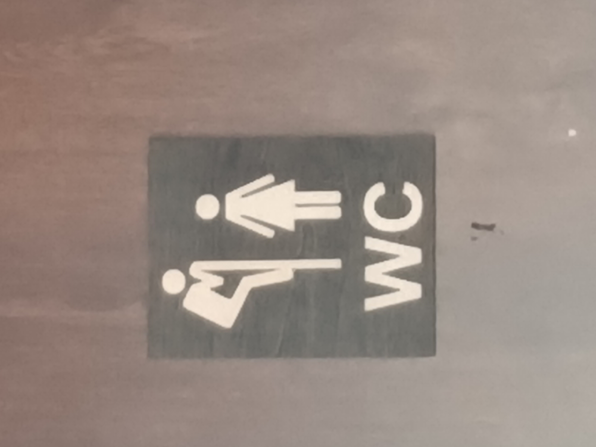 The image shows a sign for a restroom with figures representing a man and a woman. The man's figure is depicted in a unique pose, with his torso leaning back and his legs crossed at the knees, appearing to be in motion. The woman's figure is a standard representation. Below the figures, the letters "WC" are clearly visible in white text. The sign is mounted on a textured, light-colored wall, possibly concrete or stucco. The lighting in the scene is even, with no strong shadows. There are no other people or objects of note in the immediate vicinity of the sign.